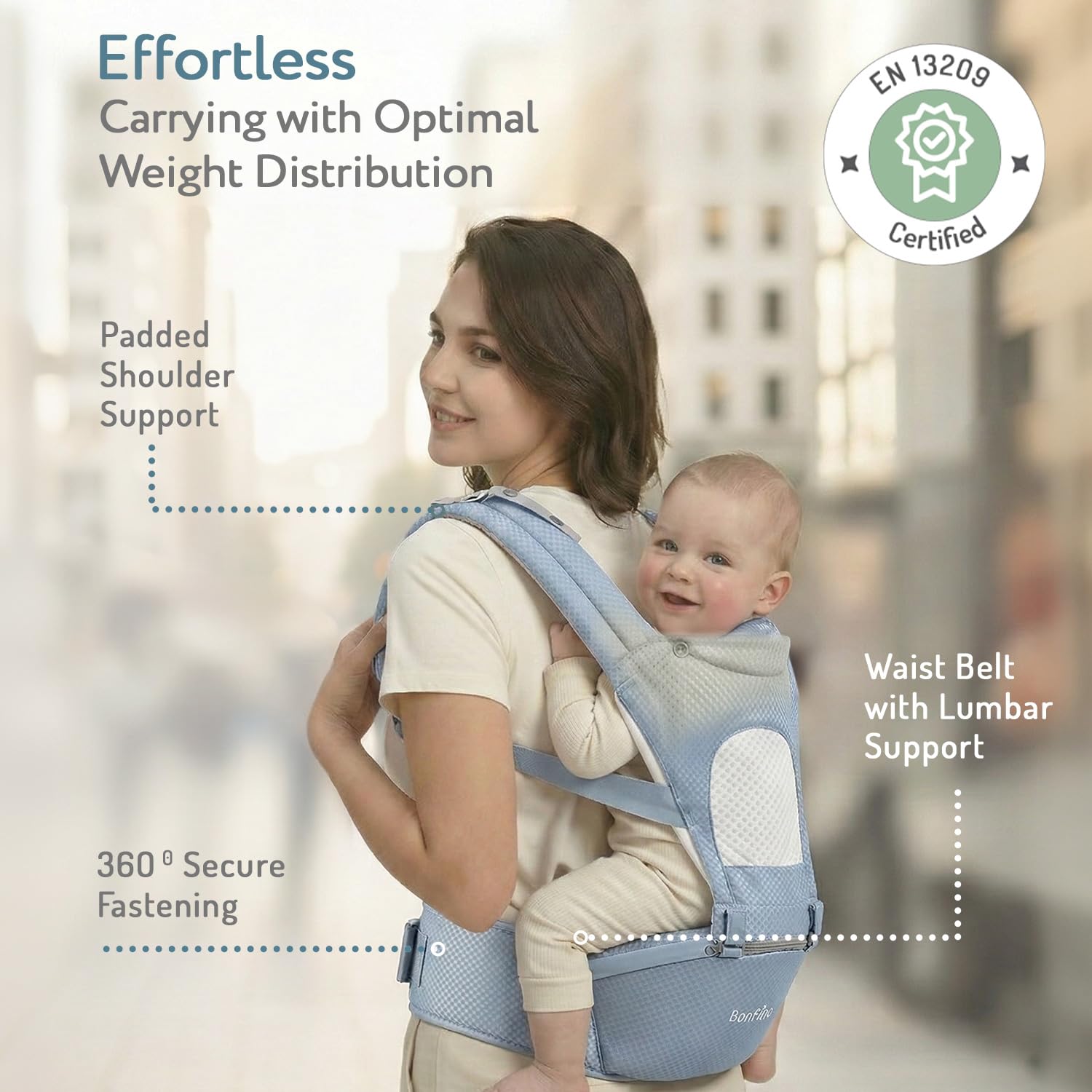 Bonfino Admire 5-in-1 Hipseat Baby Carrier|Ergonomic Baby Carry Bag, Adjustable Strap & Breathable Fabric|Baby Carrier with Stylish Belt| Baby Holder for 5-18 Month Babies,15 Kg Capacity - Blue 4
