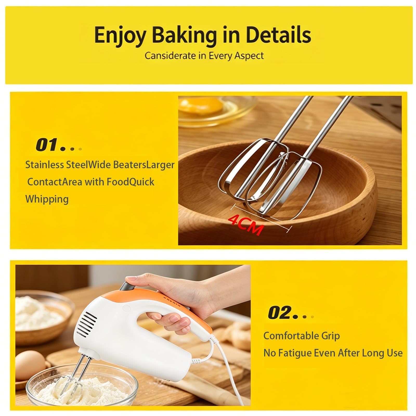 Sbattitore elettrico manuale da cucina 300 W, 5 velocità con fruste in acciaio inossidabile 304, ganci per impastare e frusta - Ideale per la cottura al forno