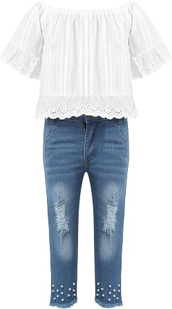 Kids Girls Fashion Outfits Off Shoulder Flared Sleeve Ruffle Hem Blouses Tops with Ripped Jeans Pants Set Daily wear