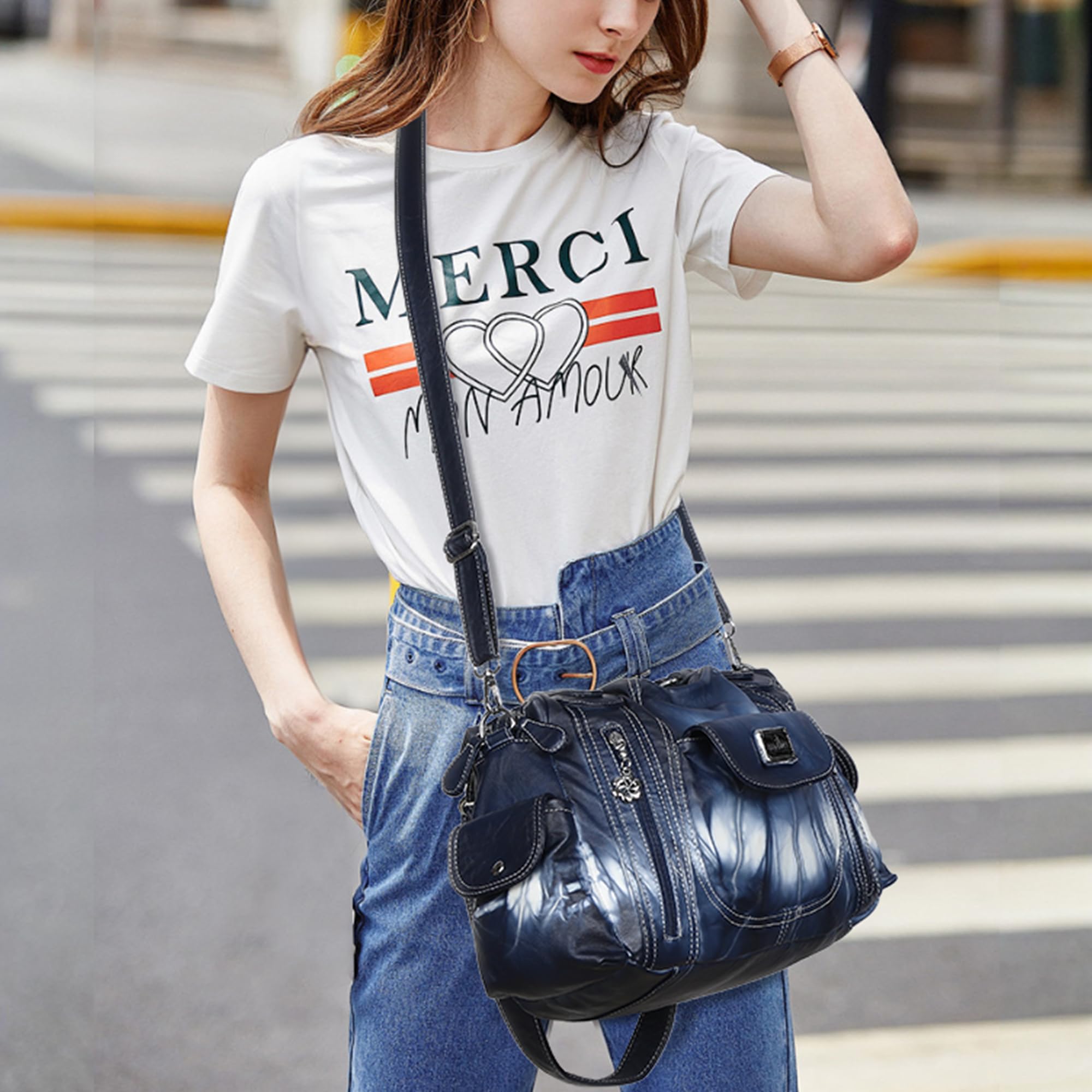 Angel Kiss Bolsos de hombro para mujer, de piel lavada, con múltiples bolsillos