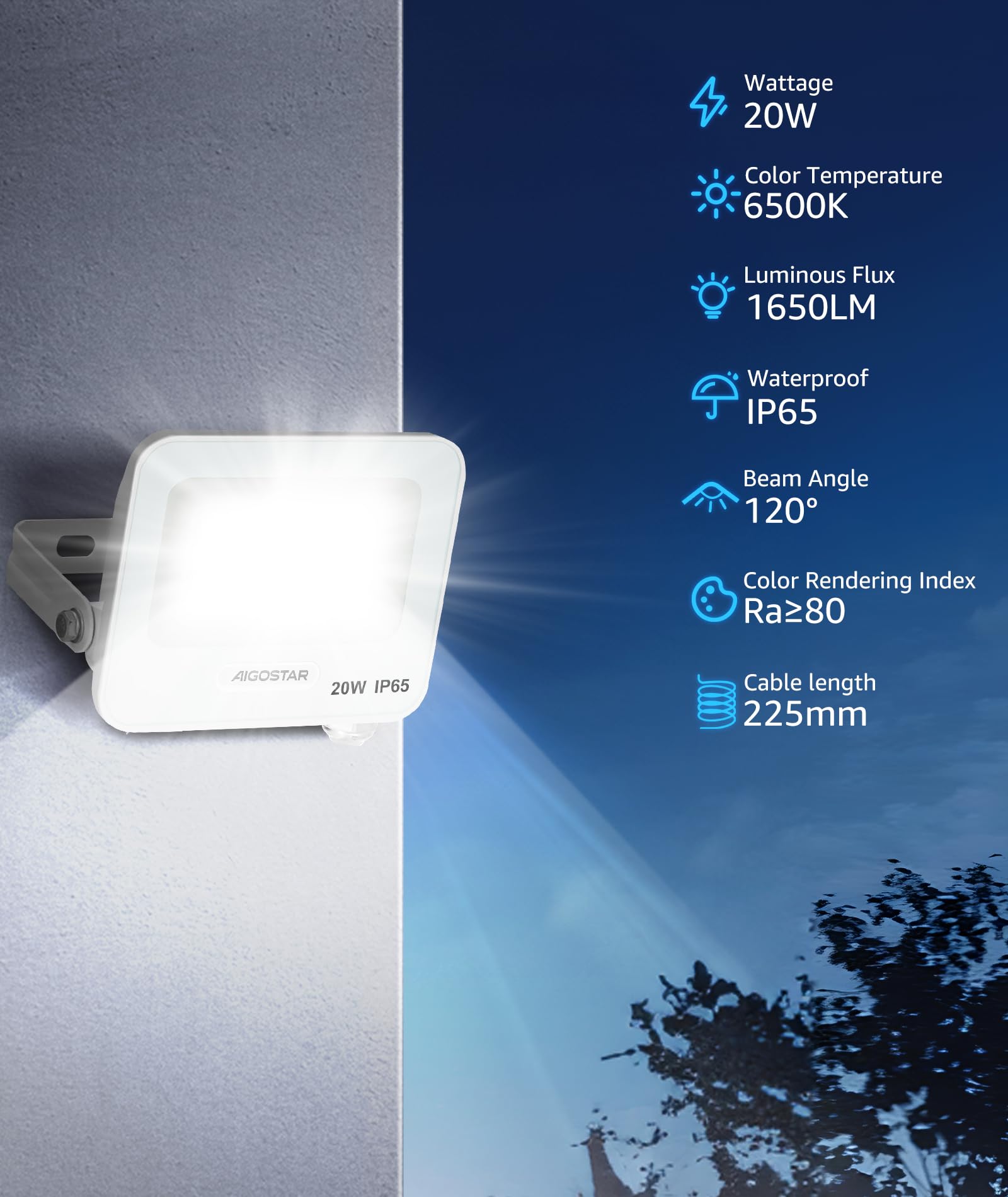 Faretti LED Esterno Aigostar 20W - 2 Pezzi, 2200 Lumen, IP65 Impermeabile, Bianco Naturale 4000K Per Giardino, Garage, Cortile - Foto 8