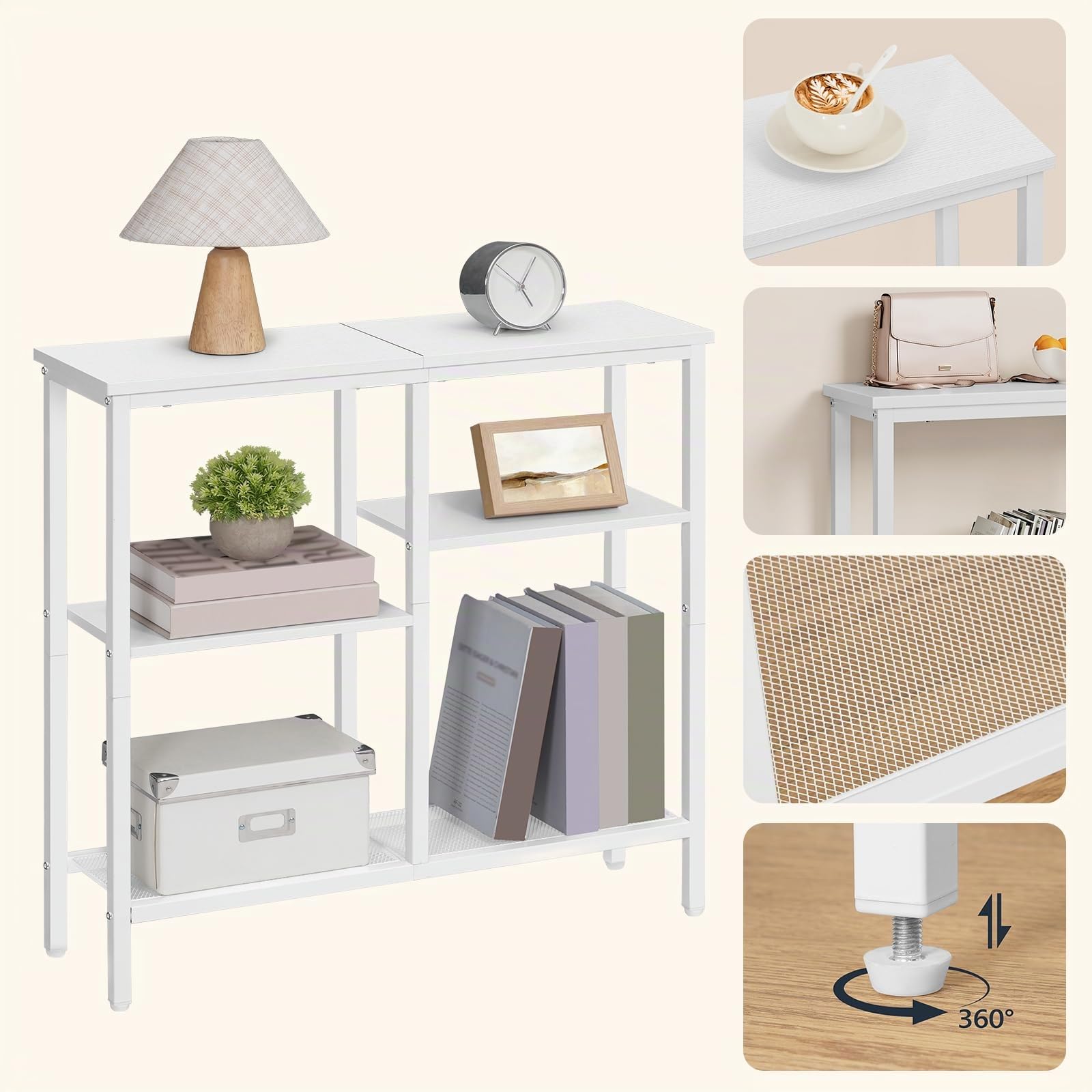 HOOBRO Tavolo Consolle Ingresso, Tavolo da Divano, a 4 Ripiani, Stile Industriale con Ripiani di Rete Metallica, per Ingresso, Soggiorno, Corridoio, Bianco EWW79XG01
