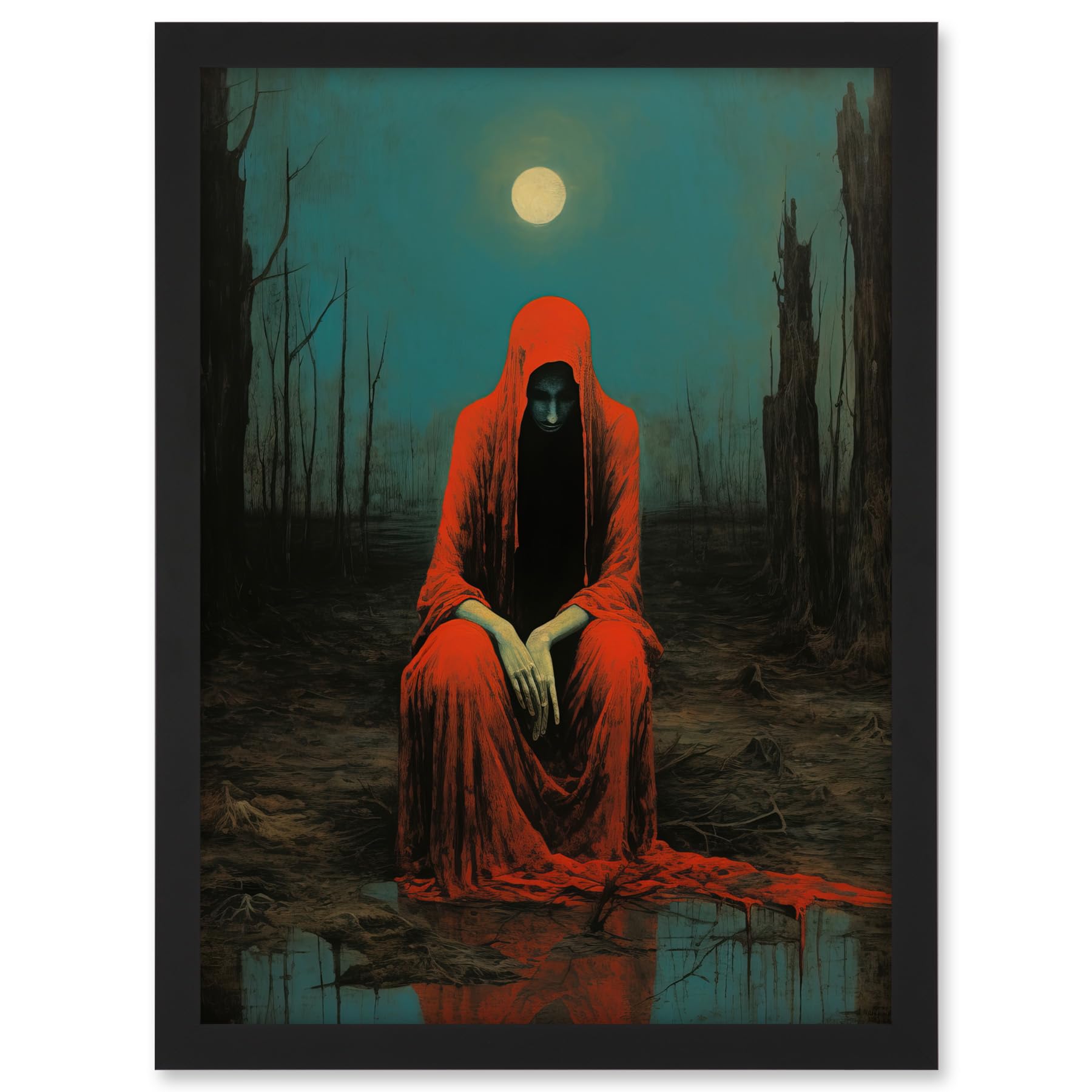 Artery8 Charon in Red Cloak Beksinski Inspired Conceptual Artwork Full Moon Barren Landscape Artwork Framed A3 Wall Art Print