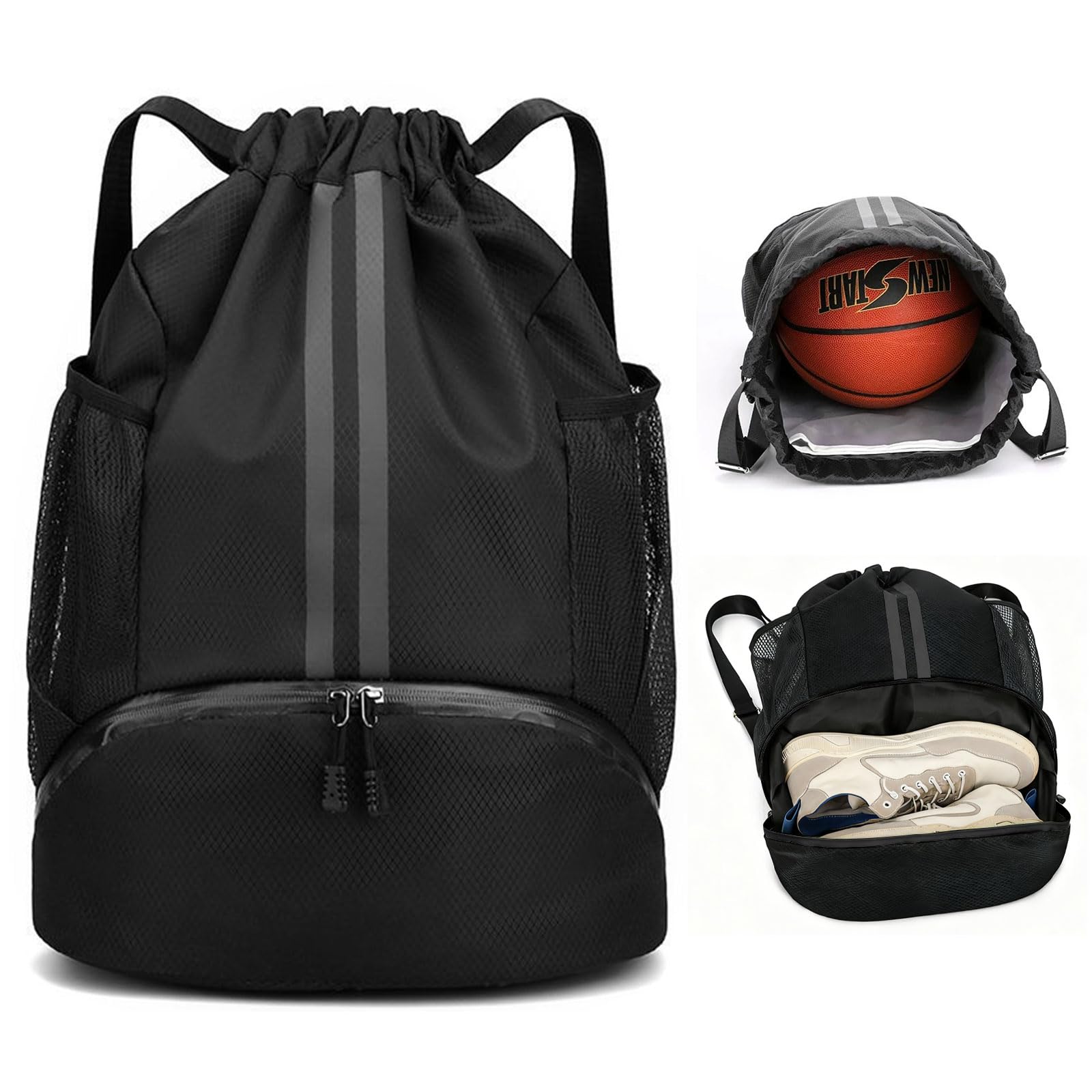 Fjquamitix Drawstring Bags,Waterproof PE Bag,Sports Swimming Backpack Large Unisex Gym Bag with Shoe Compartment Wet And Dry Separation For Travel, School, Beach,Sports (black)