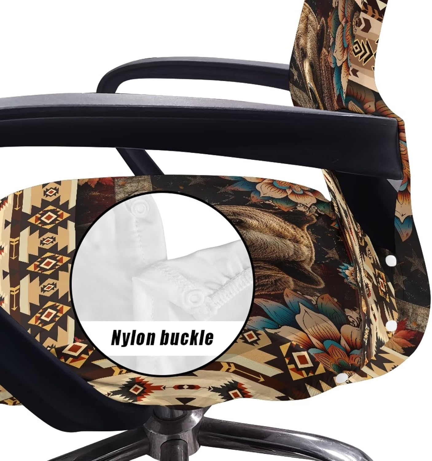 Aztec Bear Printed Office Chair Slipcovers Elastic, Mandala Flower American Flag Printed High Back Office Seat Cover, Dustproof Computer Chair Cover Size L