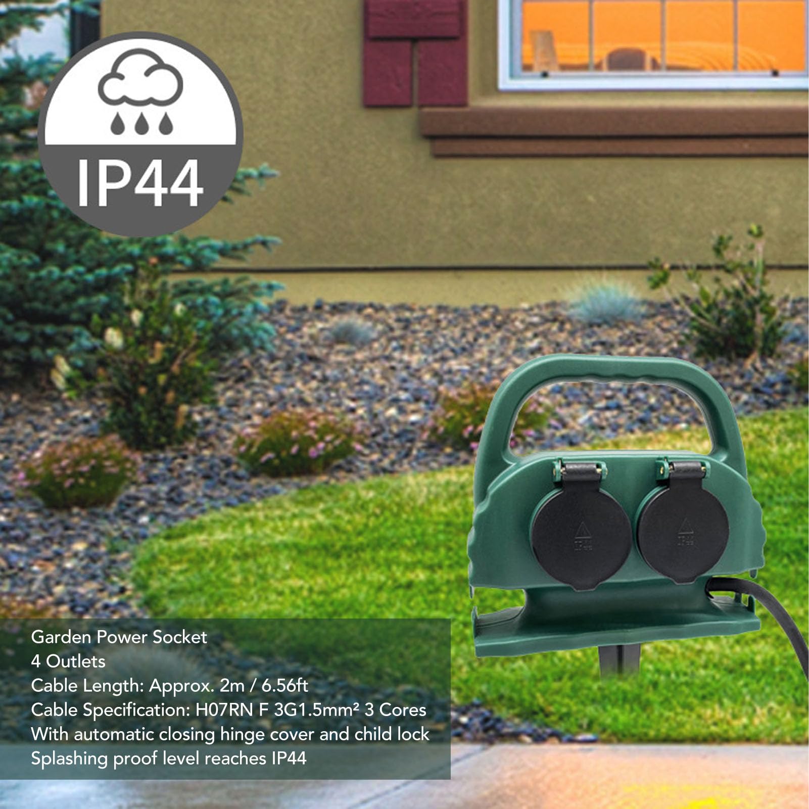 16A 3680W 4 Uscite, Presa di Corrente Giardino con Design Resistente Alle Intemperie IP44, Blocco Bambini, H07RN F 3G1,5mm² 3 Nuclei, Presa Multipla, per Prati e Lucine
