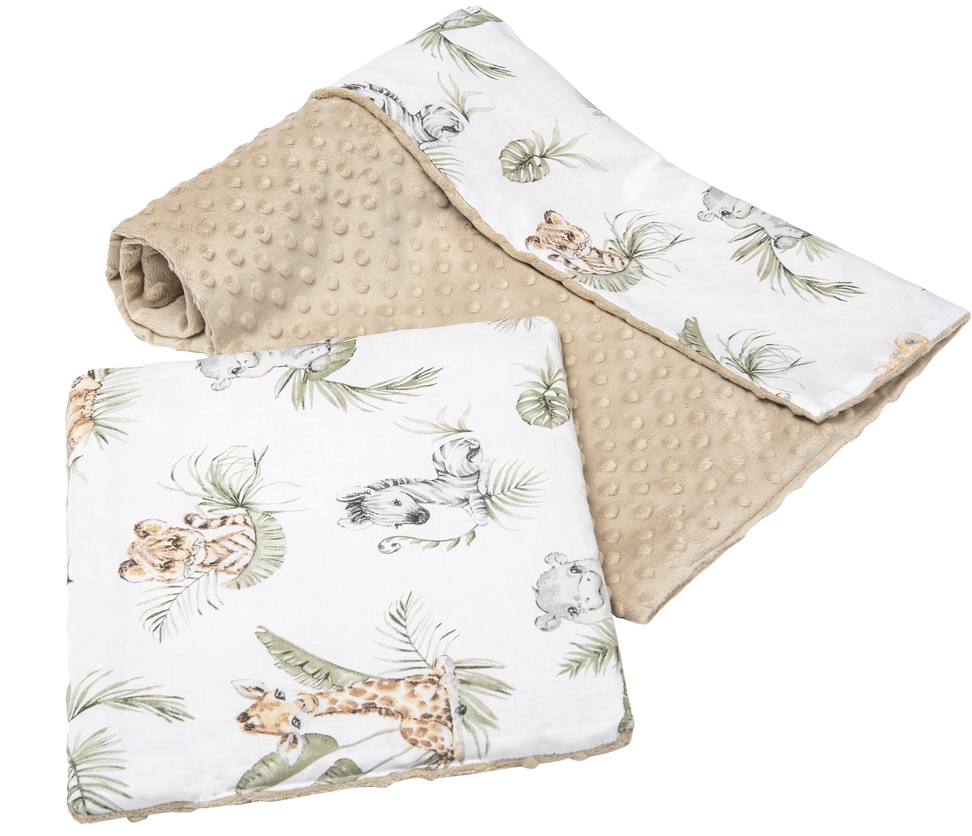Medi Partners Baby Blanket with Pillow 100% cotton Plush Coverlet Children's Large Two-Sided 75x100 + 35x30cm Multifunctional for Bed Baby strollers (Safari with beige Plush)