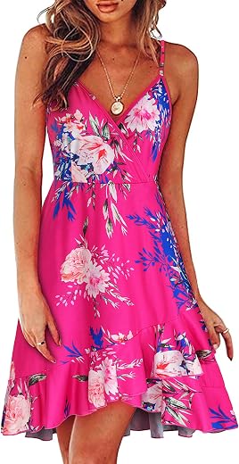 ULTRANICE Womens Summer Floral Wrap V Neck Adjustable Spaghetti Casual Ruffle Dress