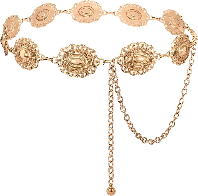 XZQTIVE Women Boho Chain Belts For Dresses Jeans Western Cowgirl Waist Links Belt Adjustable Metal Concho Belt