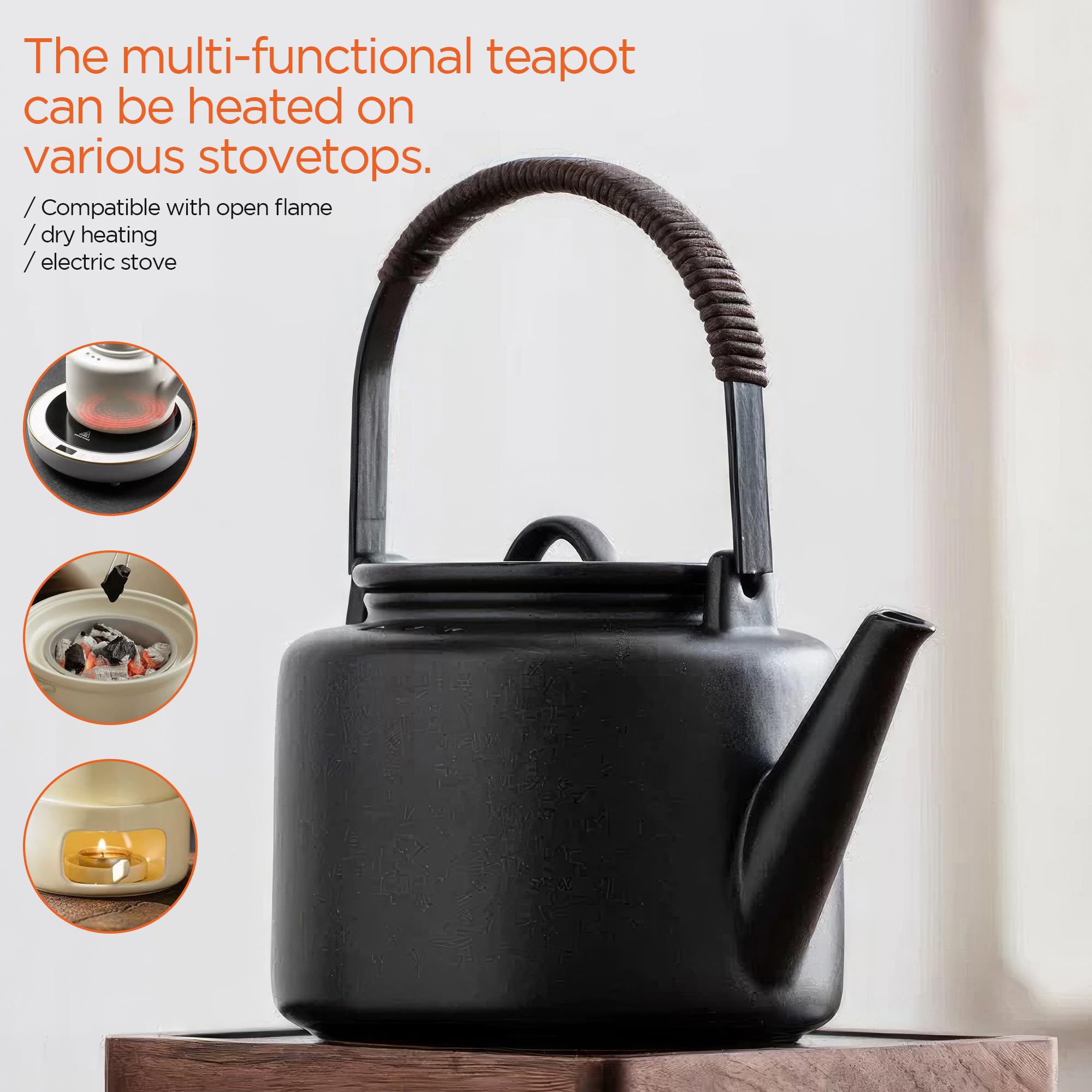 Modern Design Premium Ceramic Tea Pot(27oz)- Built-in Filter Holes-handmade, Dry Boiled-Suitable for a Wide Variety of Teas-Matte Black