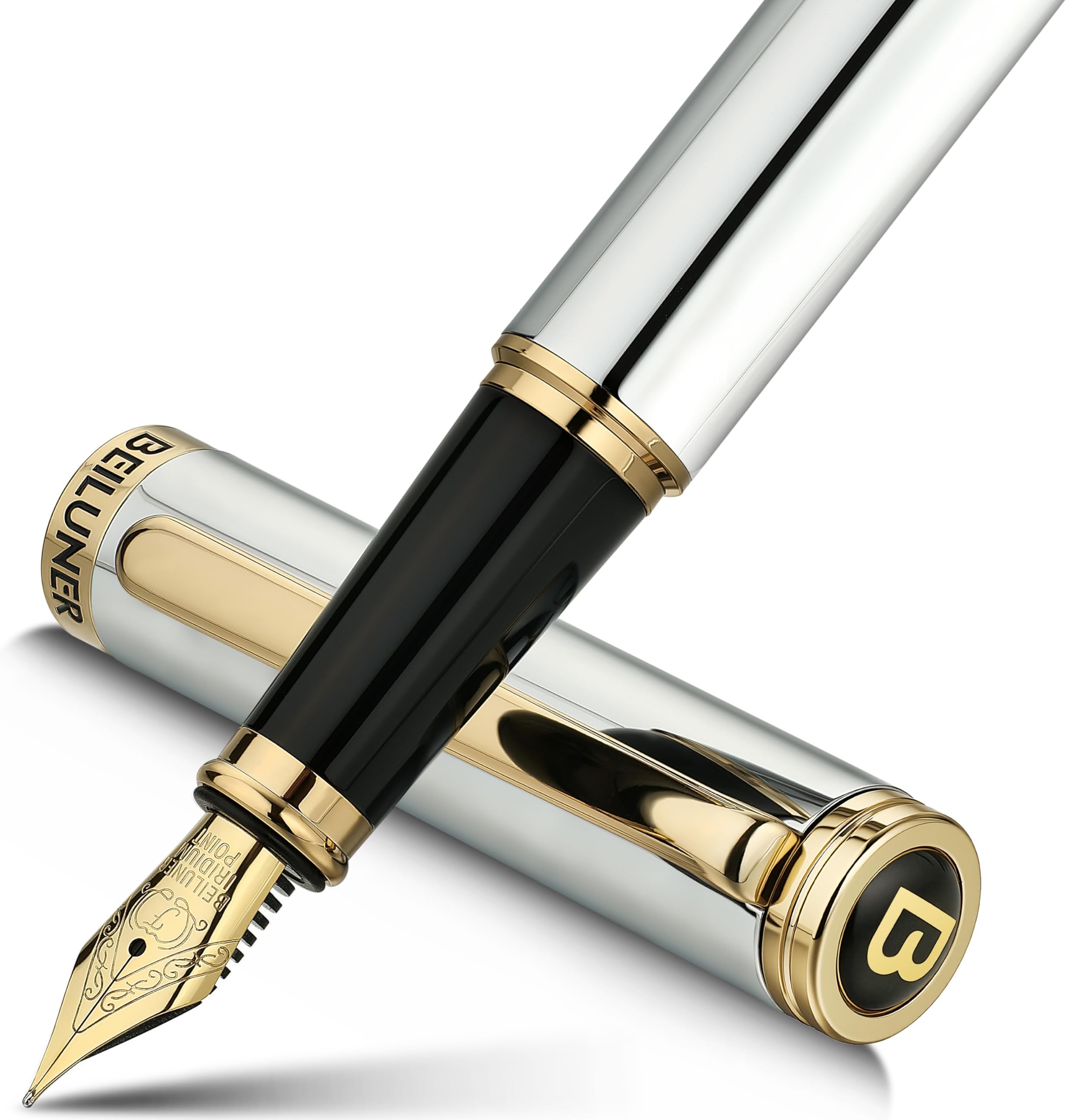 Silver Chrome Fountain Pen,Stunning Luxury with 24K Gold Accents, Gorgeous 24K Gilded Nib(Fine), Trustworthy Pen Gift for Men&Women -Ink Converter-Elegant, Graduation,Nice Pen for Writing