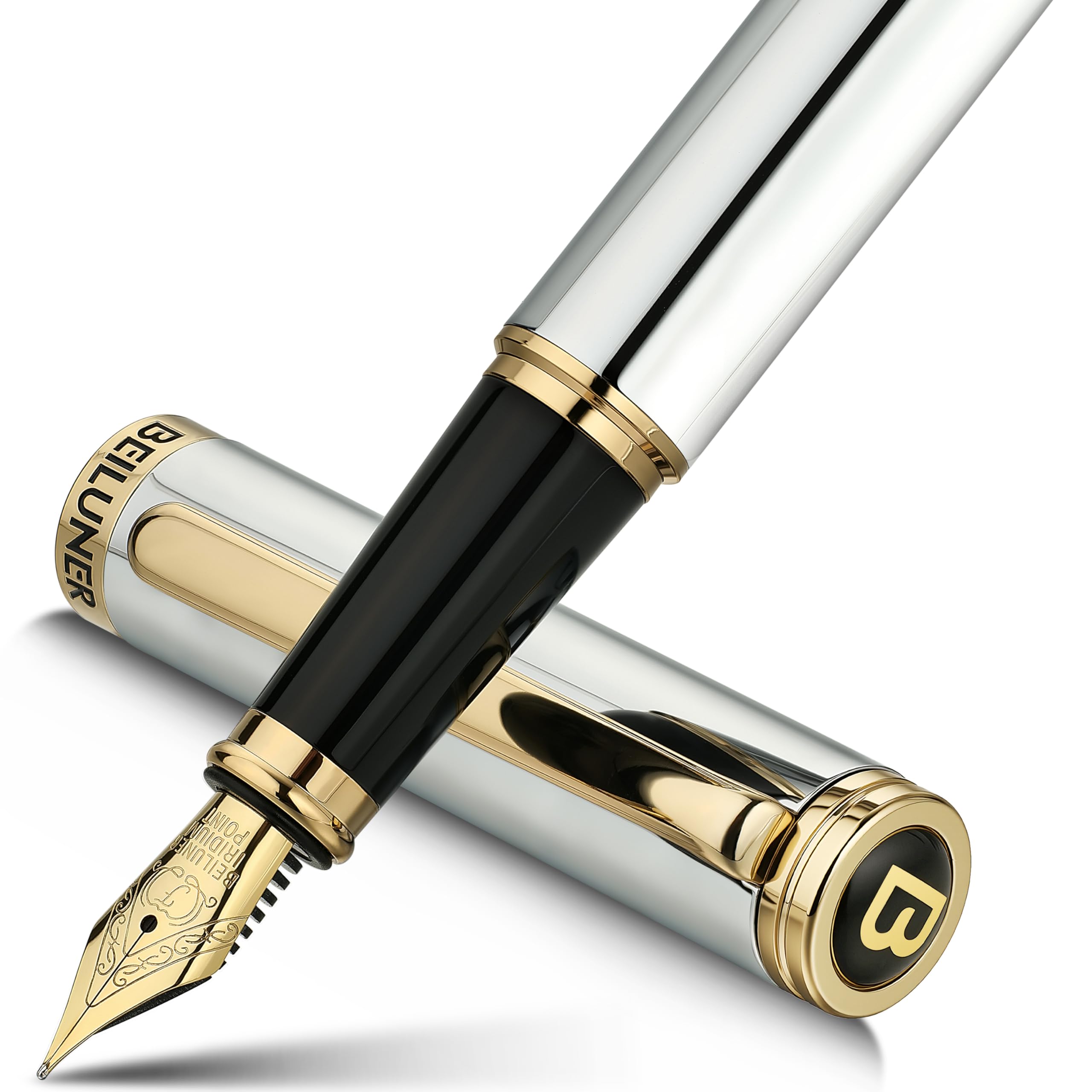 BEILUNERSilver Chrome Fountain Pen,Stunning Luxury with 24K Gold Accents, Gorgeous 24K Gilded Nib(Fine), Trustworthy Pen Gift for Men&Women -Ink Converter-Elegant, Graduation,Nice Pen for Writing