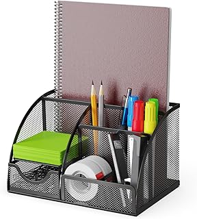 Organizador de Escritorio y Portalapices con Cajón y 6 Compartimentos de Malla Metálica Negro. Organizador Escritorio Ahorra Espacio para Bolígrafos, Lapiceros, Notas Adhesivas, Clips y Grapadoras