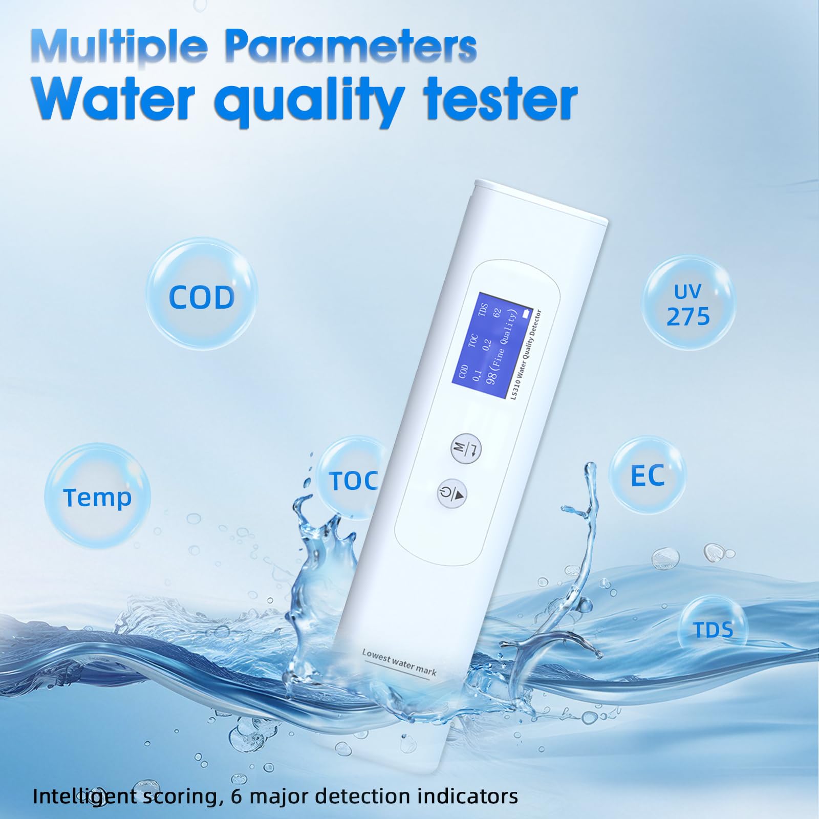 Tester per acqua, tester TDS 6 in 1 professionale digitale qualità dell'acqua, COD/TOC/TDS/UV275/EC/Temp per bere, rubinetto, pozzo, piscina, idroponica, acquario, sistema RO/DI
