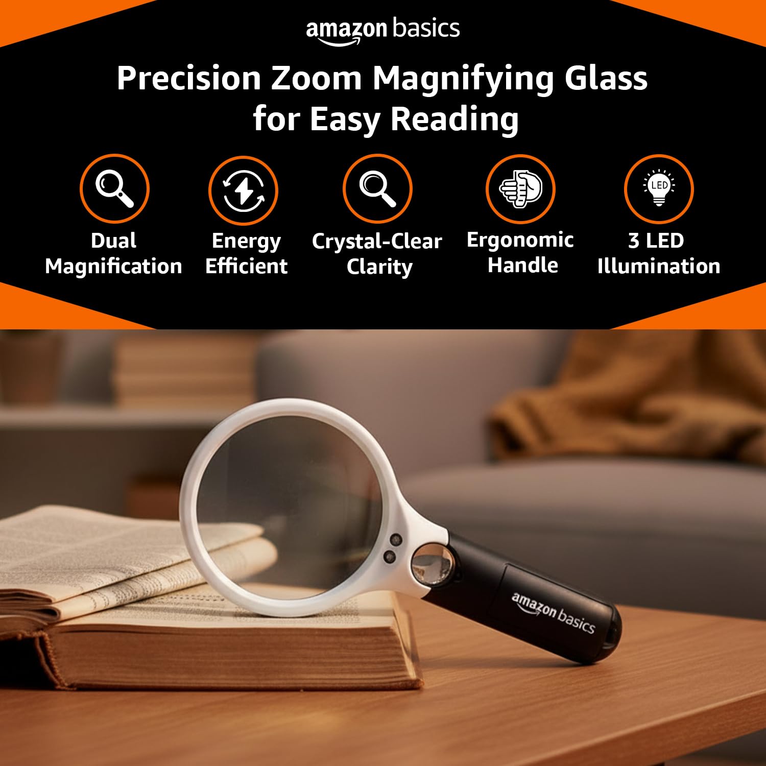 Amazon Basics Magnifying Glass with 3 Led Lights | 3X & 45X Big Size Zoom Lenses | Suitable for Seniors, Adults, Children | Ideal for Reading Books, Newspapers, maps