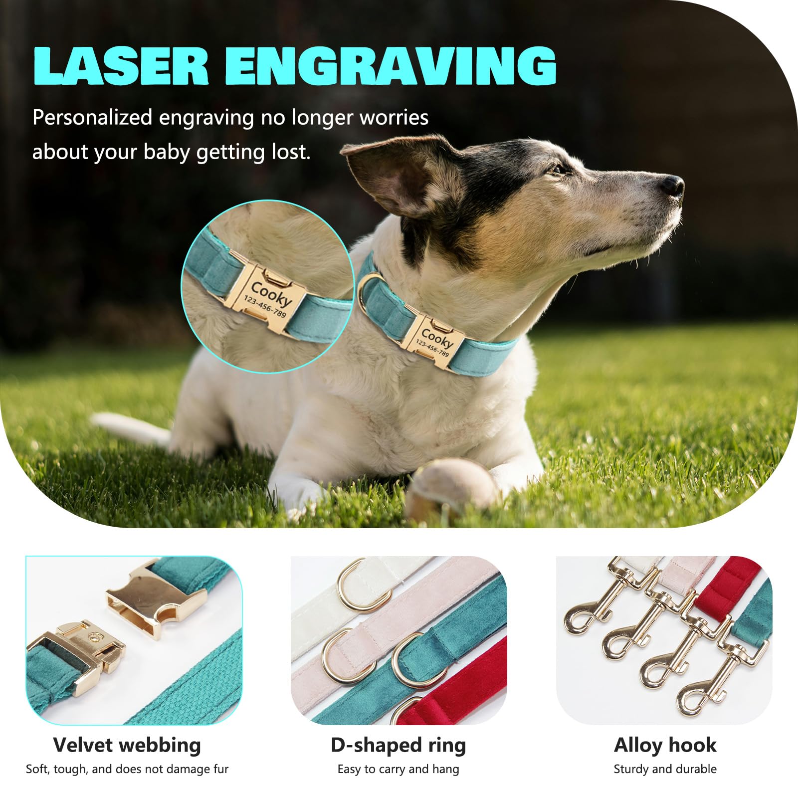 Collare per cani in velluto, personalizzato con nome, collare per cani personalizzabile con fibbia in metallo a sgancio rapido, guinzaglio e papillon disponibili (acqua di rosa, S)