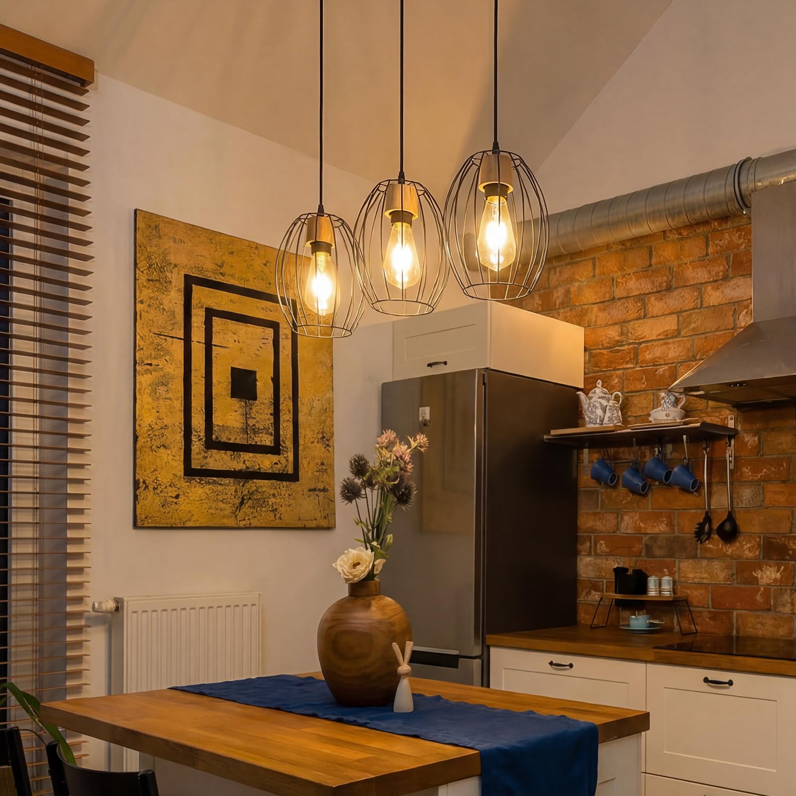 Hängelampe Vintage Pendelleuchte Esstisch - 3 flammig Esstischlampe | Hängend Schwarz Hängeleuchte Metall & Holz E27 Retro Pendellampe für Wohnzimmer Schlafzimmer Küche (Ohne Leuchtmittel)