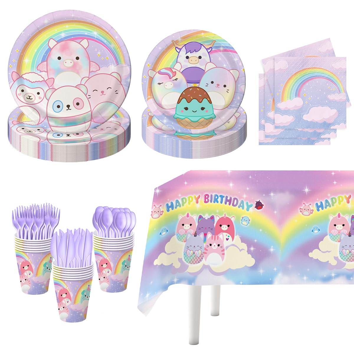 Kawaii Squish Birthday Party Supplies, 117Pcs Cute Kitty Animal Party Decoration Include Plates Cups Napkins Cutlery Tablecloth Disposable Set Serves 16 Guests for Kids Birthday Party