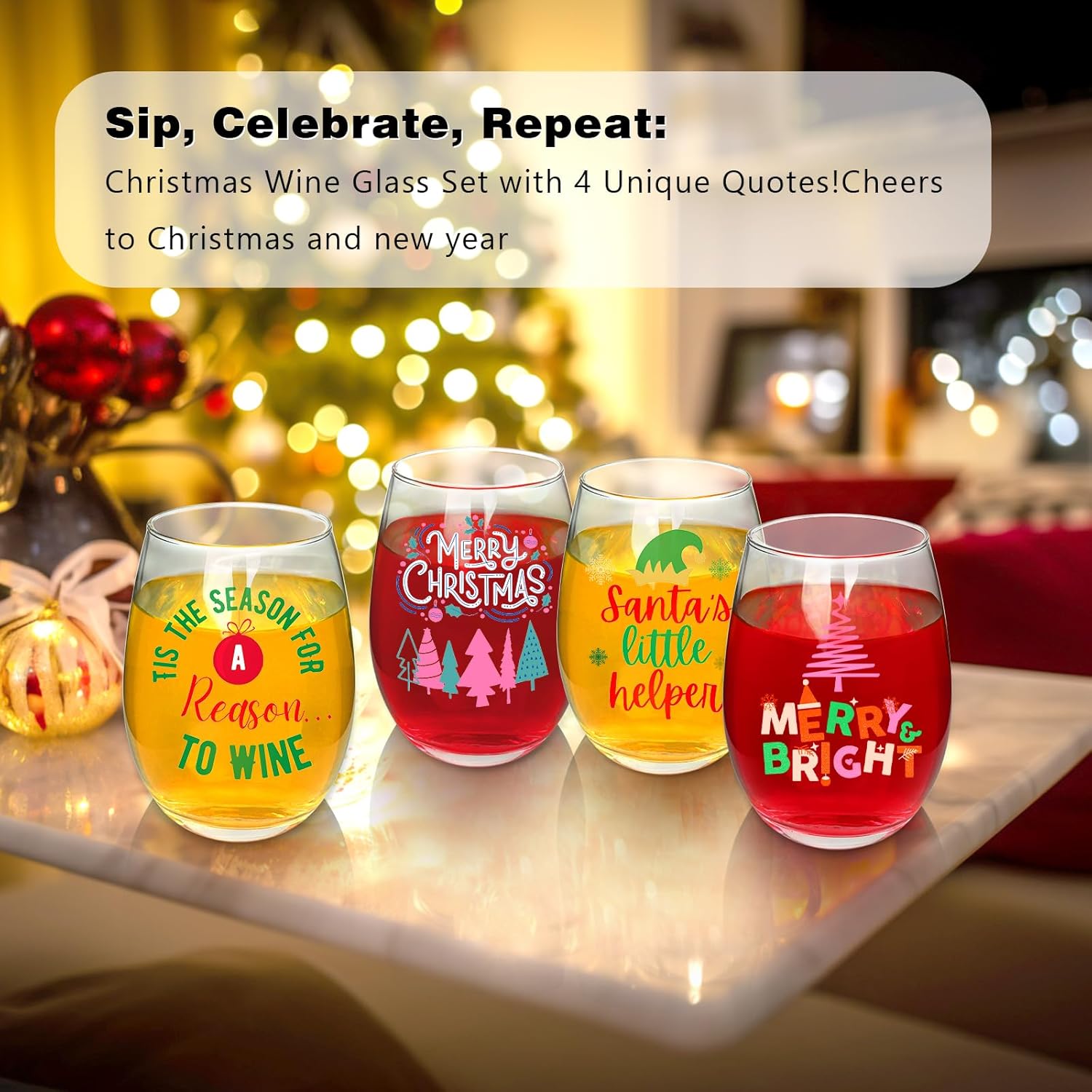 CNVOILA 18oz Christmas Wine Glasses, Funny Christmas Glasses Drinkware, Set of 4 Friendsgiving Wine Glasses for Women - White Elephant Gifts for Adults - Image 7