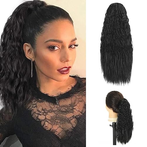 Extensiones de cola de caballo de 14 pulgadas con cordón, extensiones de cola de caballo cortas y rizadas para mujeres negras (negro natural)