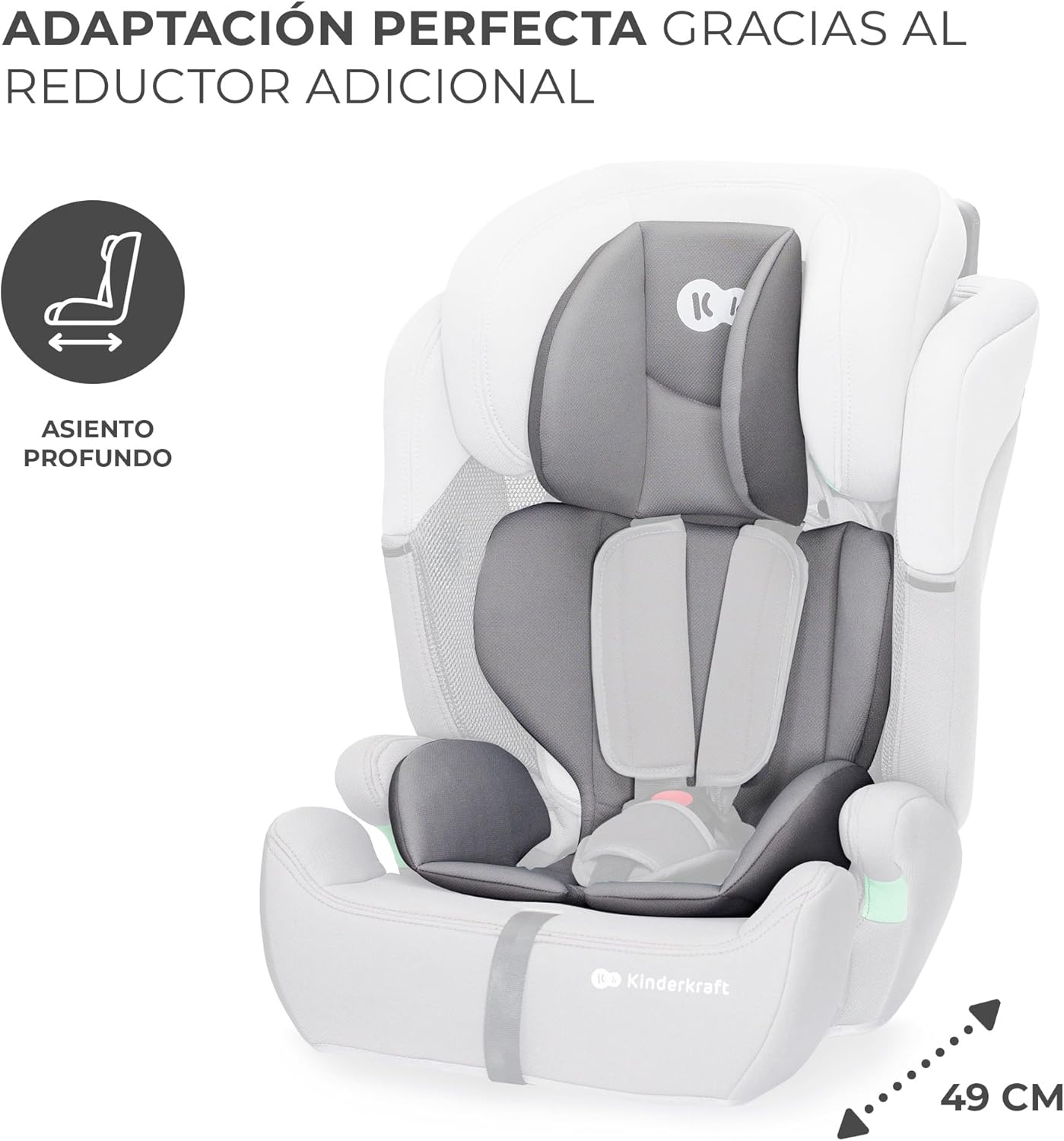 Image showing the car seat with a deep seat and highlighting the additional reducer for perfect adaptation.