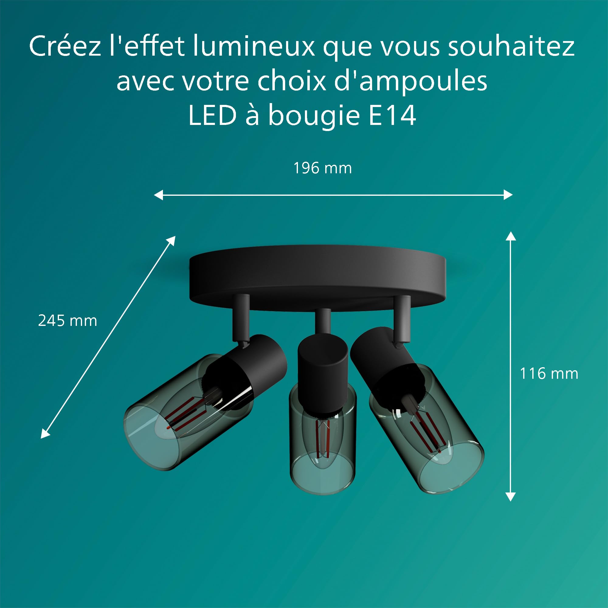 Philips Palms Spot 3 têtes sur platine ronde, E14 non inclus, Noir, IP20