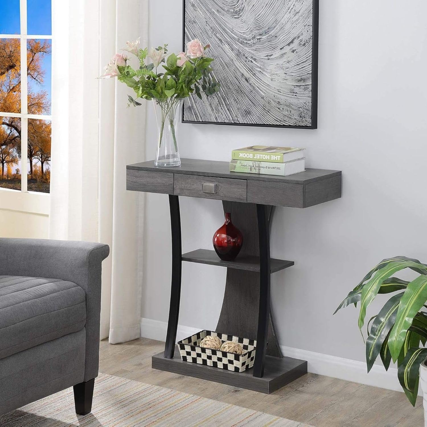 HomeStock 3-Tiered Console Table with 1 Drawer Rustic Sofa Table with Storage, Industrial Wooden Entryway Table for Hallway, Living Room Charcoal Gray