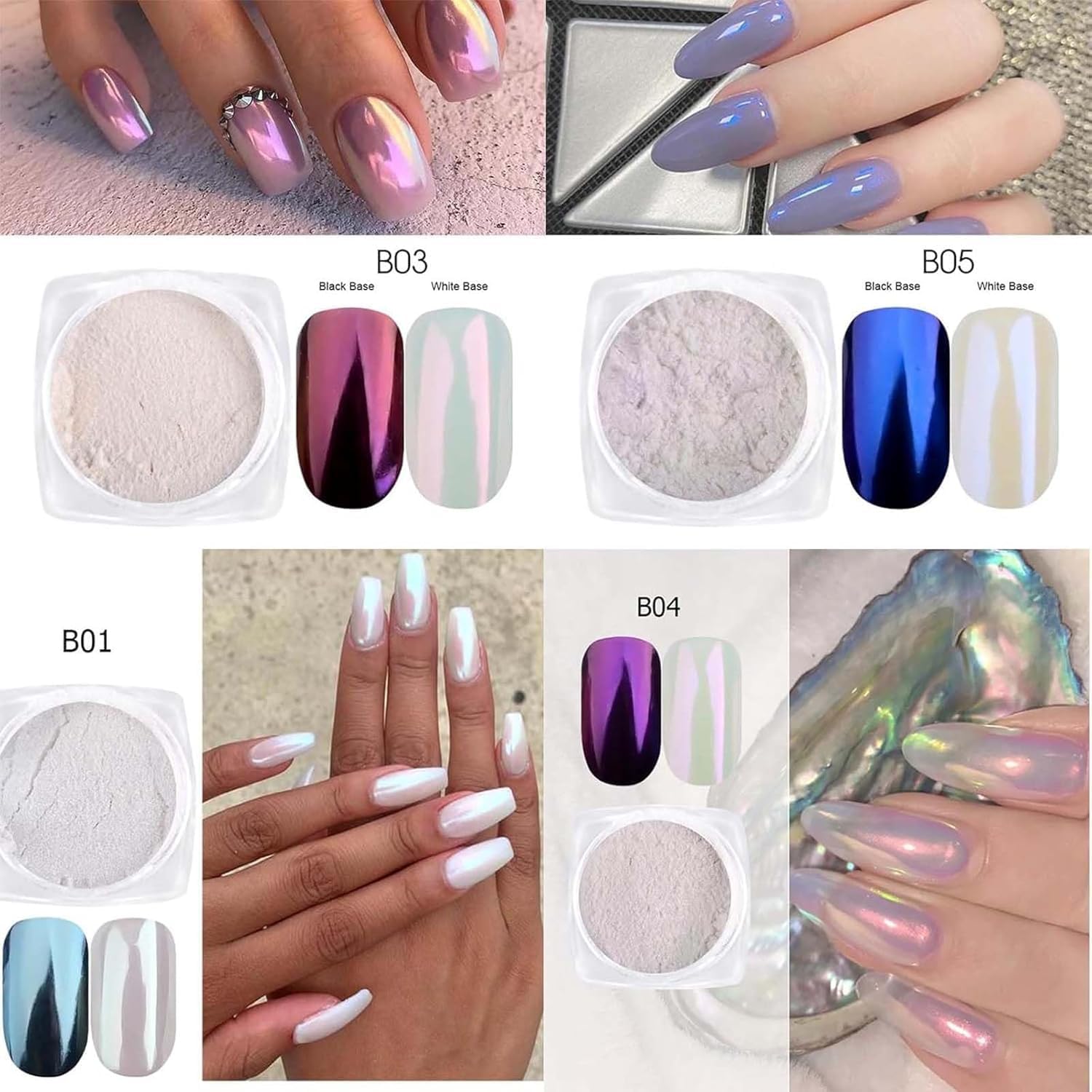 7 Colors Pearl Chrome Nail Powder Iridescent Aurora Powder Metallic Mirror Effect Glitter Powders Transparent Mermaid Pigment Dust for Gel Polish Nail Art Decoration