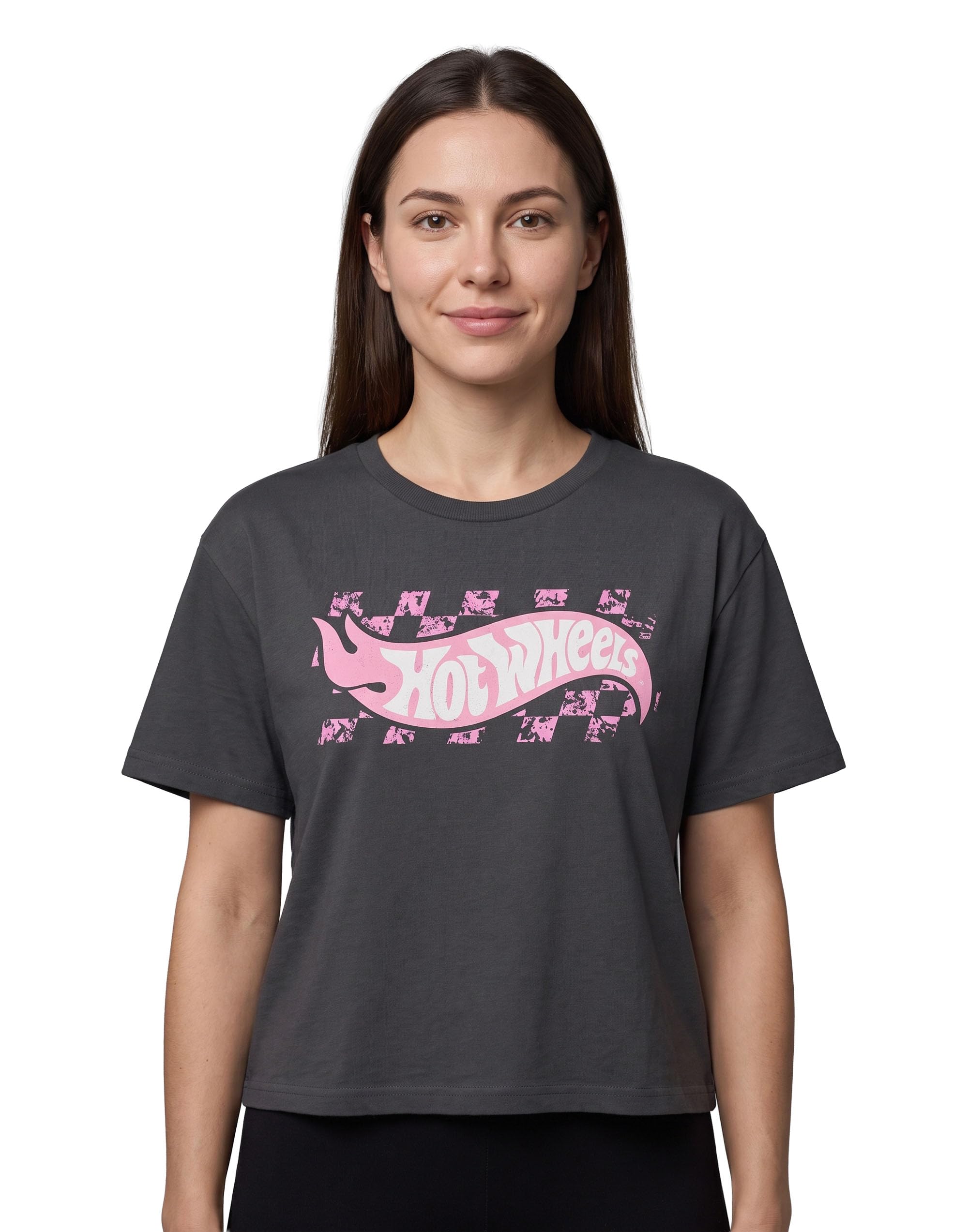 Hot Wheels Women's Charcoal Grey Cropped Tee | Pastel Graphic Logo Short Sleeve T-Shirt | Retro Logo Apparel For | Vintage Logo Streetwear Clothing Merchandise Gift