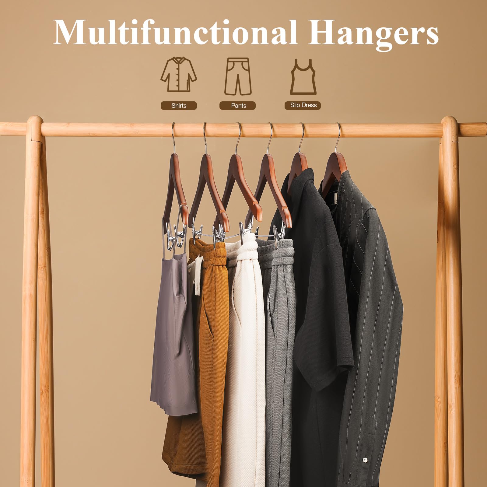 Kleiderbügel aus Holz mit Clips, 24 Stück, Hosenbügel aus Holz, Rockbügel mit Clips, verstellbar, strapazierfähig, für Hosen, Jeans, Hosen, Shorts (Walunt)