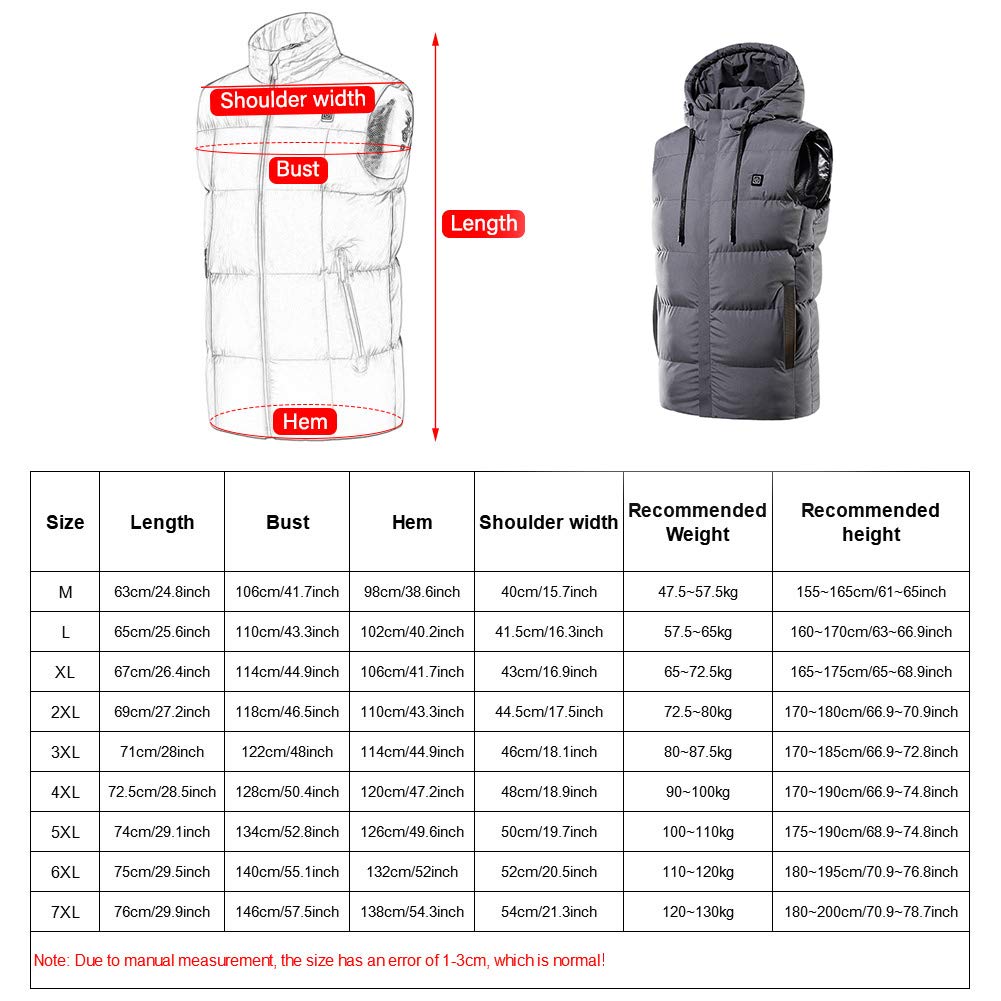 Kamizelka termiczna, 7 Ogrzewanie strefowe Outdoor Camping Piesze wycieczki Wędkarstwo Ciepłe zimowe ubrania męskie Elektryczny grzejnik USB Kurtka termiczna, niebieska, 5XL(Gray,4XL)
