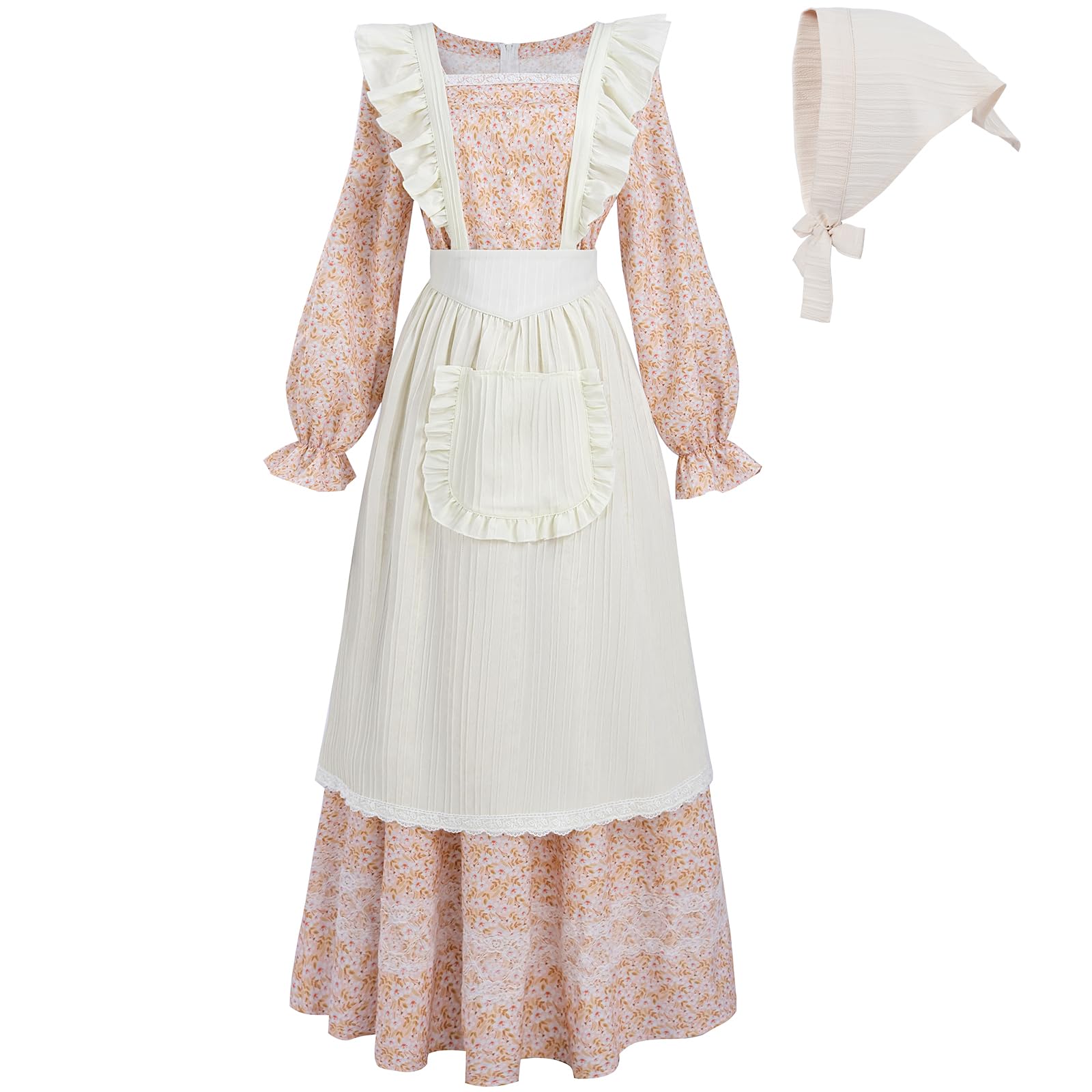 FCCAM Prairie Dress Women Floral Colonial Costume Women with Pioneer Apron 1800s American Historical Dress