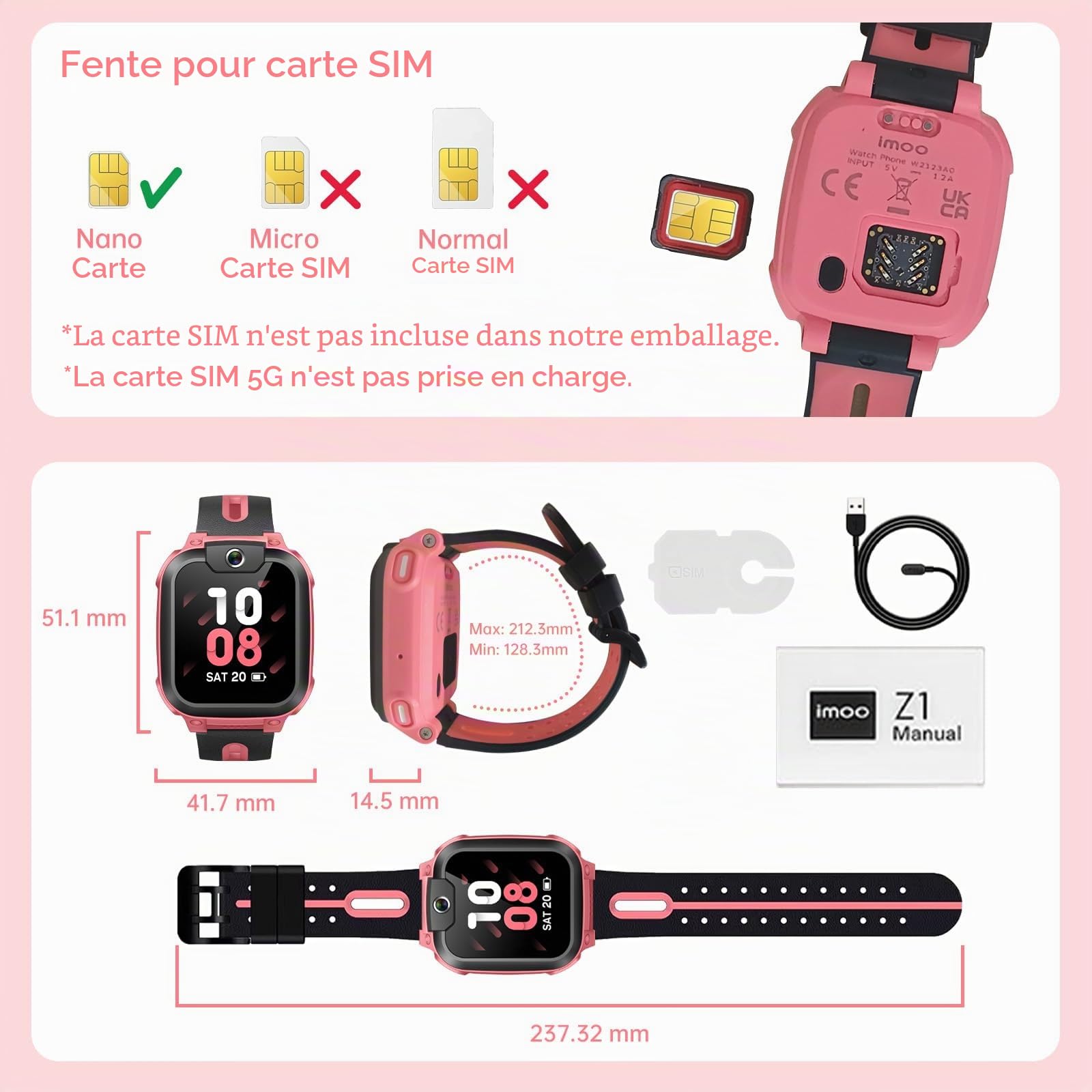imoo Z1 Smartwatch Enfant Fille, Montre Connectée pour Filles avec Appels Vidéo & Téléphone Autonomie Longue, Montre Enfant Tracker GPS, Résistant à l'eau IPX8 (Z1, Rose)