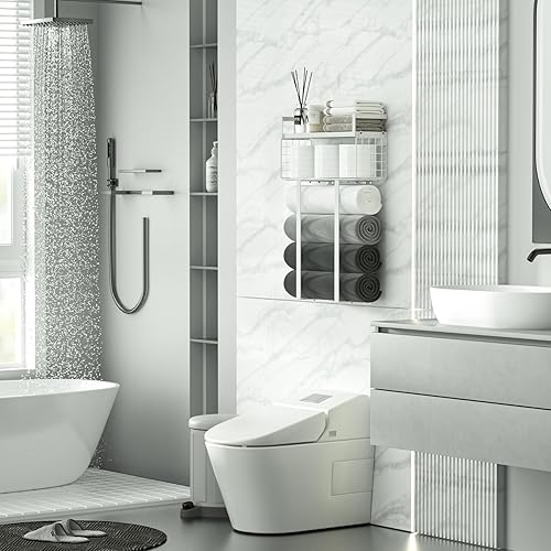 Miniatura 2 de Toalleros para baño, estante de baño sobre el inodoro, estantes flotantes con toallero con soporte para papel cesta de almacenamiento, estantes