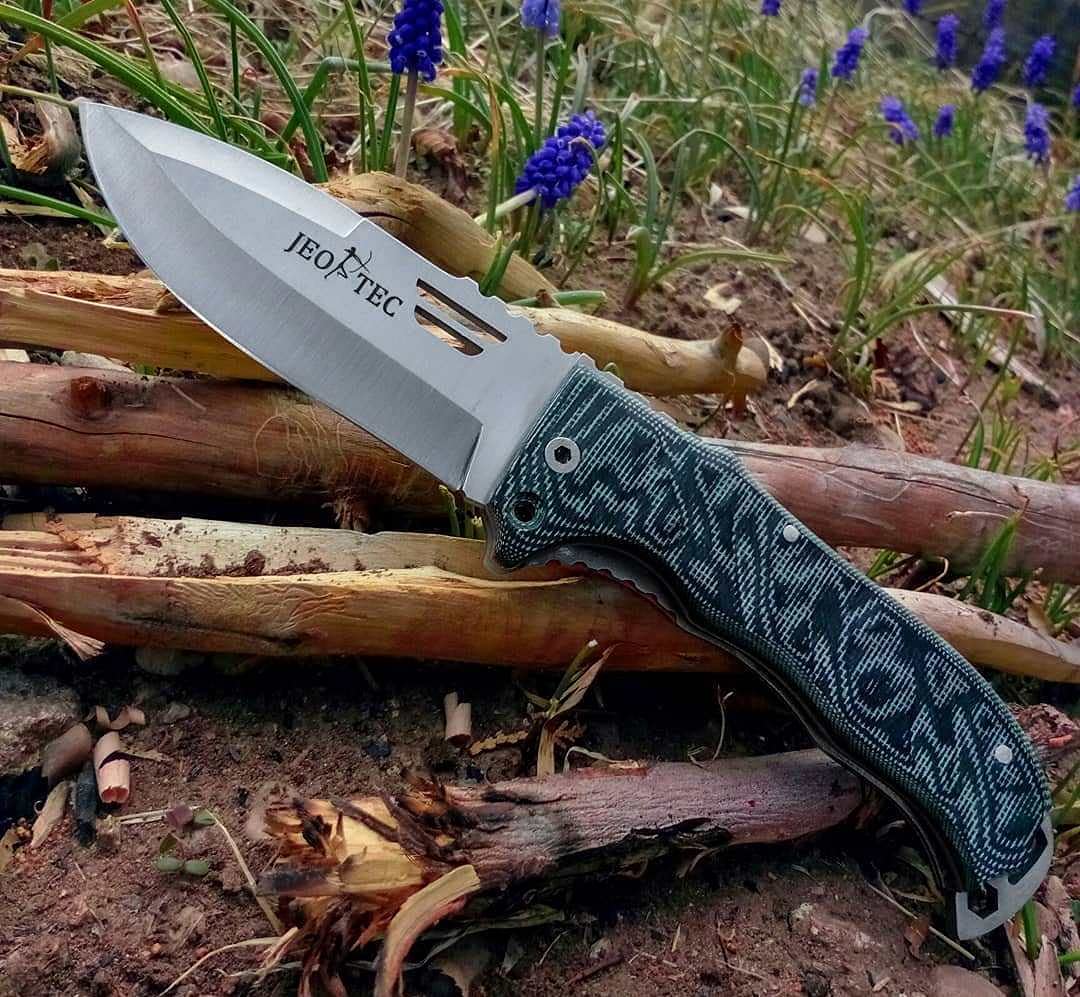 JEO-TEC Nº49 Coltello Pieghevole de Caccia, Sopravvivenza, Bushcraft, Outdoor - Lama 10 cm in Acciaio Inox MOVA-58 - Custodia in pelle - Fatto a mano in Spagna Folding Knife