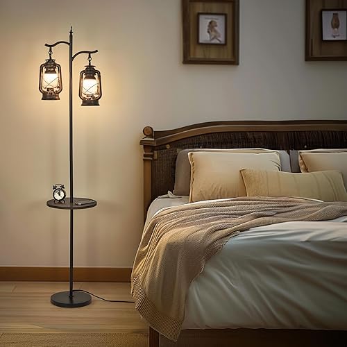 Miniatura 4 de Lámpara de pie estilo granja con mesa, linterna de pie vintage de doble cabezal, lámpara de pie para sala de estar, dormitorio, lámpara de pie