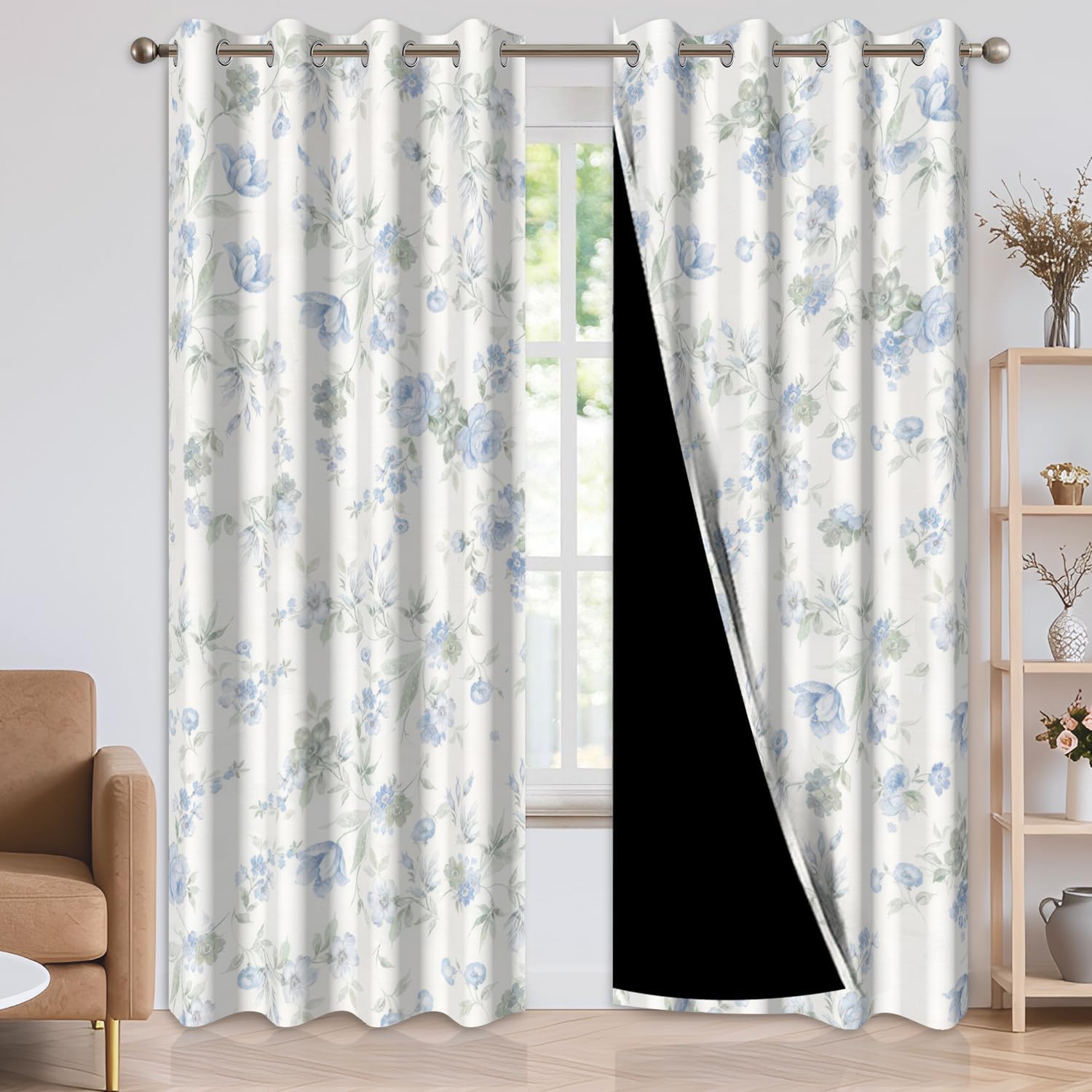 Soft Blue Floral Blackout Curtains for Bedroom 84 Inch Length 2 Panels Set, Farmhouse Botanical Window Curtains, Room Darkening Thermal Insulated Drapes for Bedroom Living Room, 52Wx84L