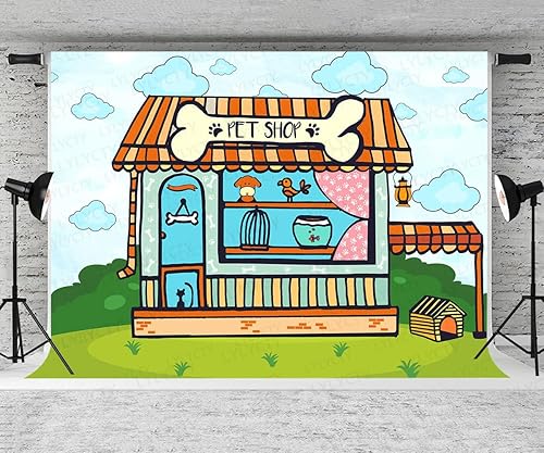 Miniatura 4 de Telón de fondo de tienda de dibujos animados de 7x5 pies para tienda de mascotas, fiesta de cachorros, fondo de cumpleaños, pancarta para colgar en