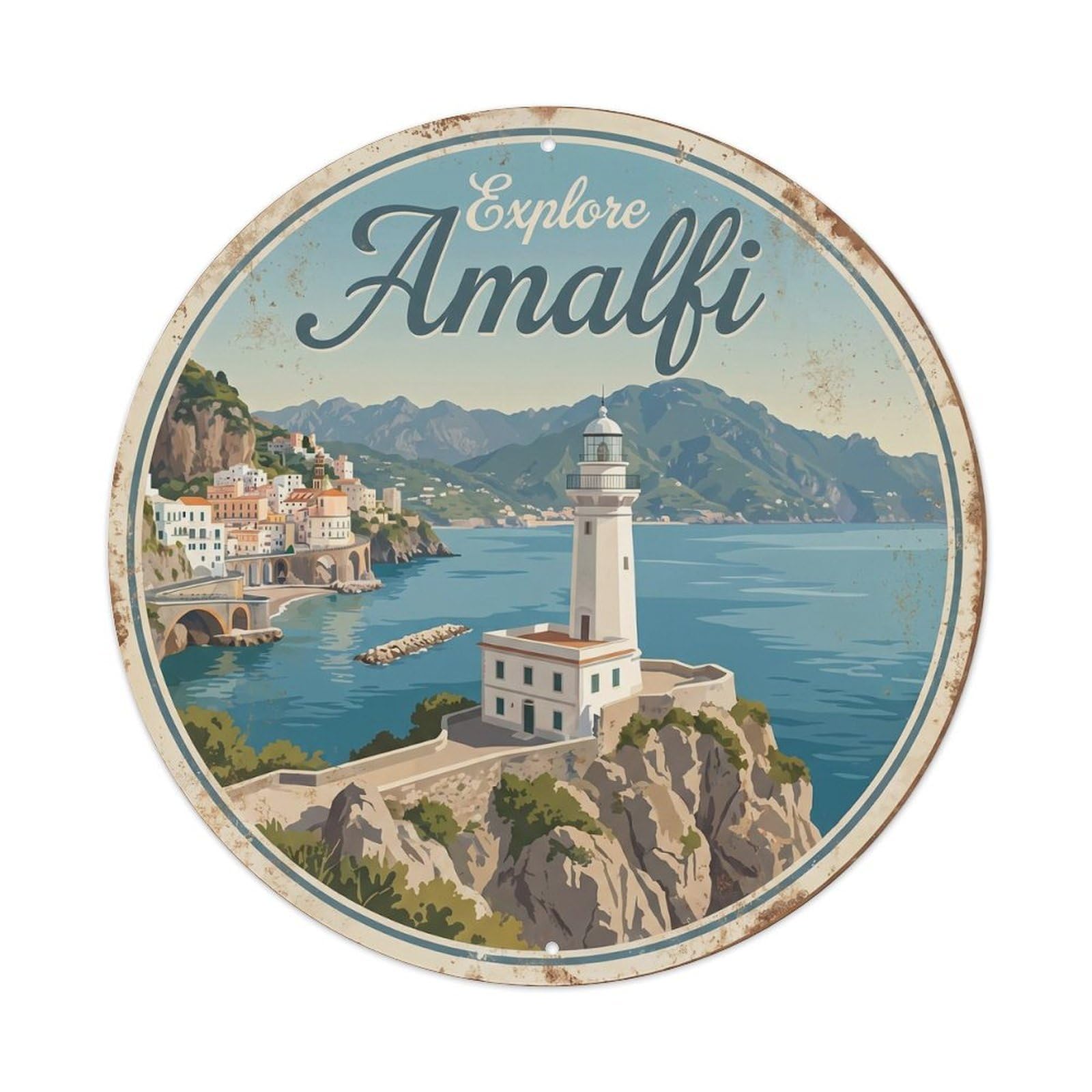 Classic Italian City Coastal Landmark Lighthouse Scenic Metal Tin Sign Plaque Wall Decor for Cafe, Man Cave, Club Bar, Office, Home Garden Round Metal Poster 8x8Inch