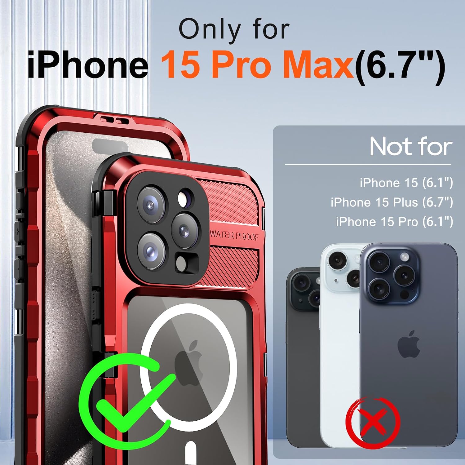 WIFORT for iPhone 15 Pro Max Waterproof Case - Metal Shockproof Phone Case Built-in Screen Protector [IP68 Water Proof][14FT Military Grade ], Heavy Duty Full Body Drop Protection Cover, 6.7" Red