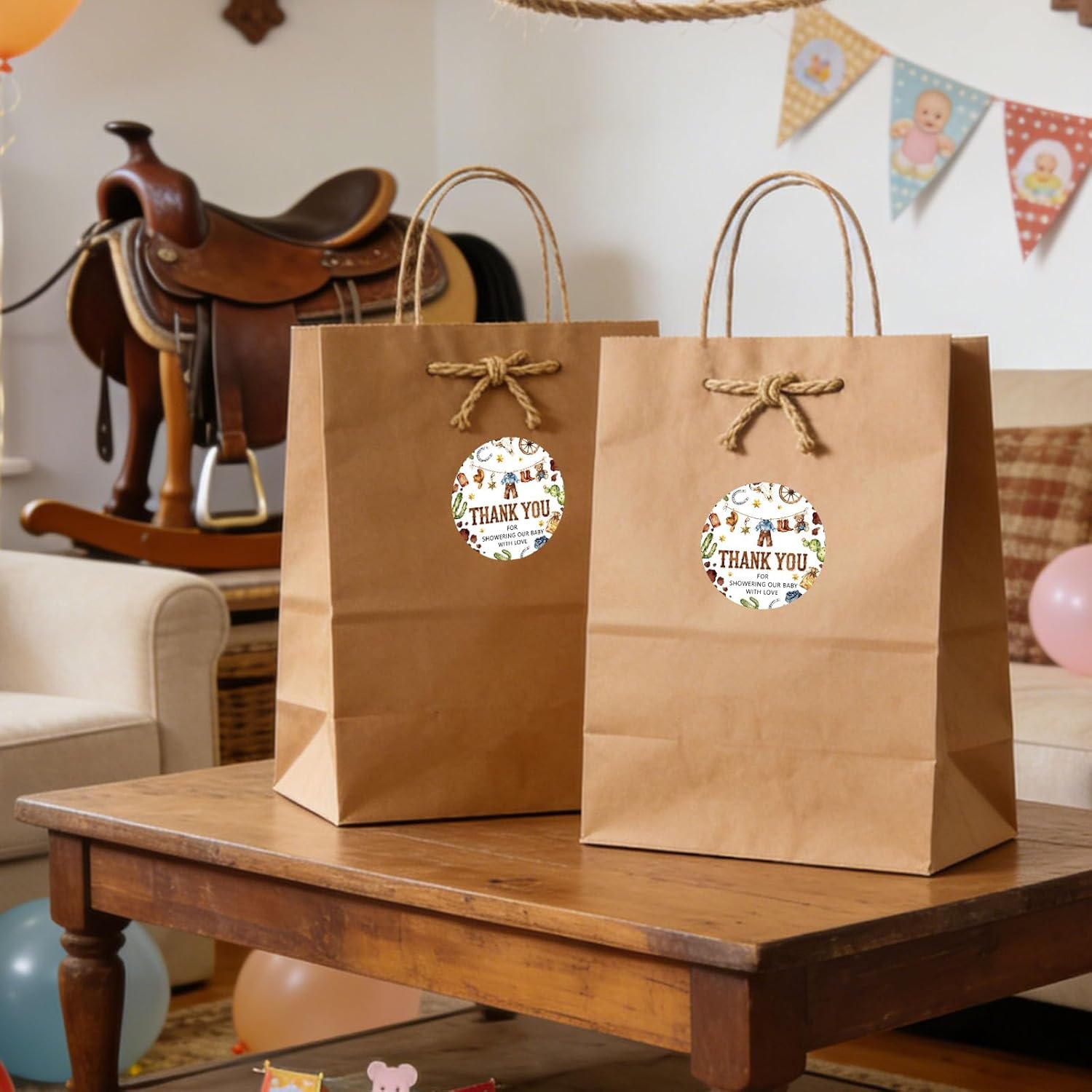 Whaline 100Pcs Cute Cowboy Baby Shower Thank You Stickers 2 Inch Western Cowboy Theme Clothes Round Adhesive Label Decals for First Rodeo 1st Birthday Rodeo Party Decorations - Image 6