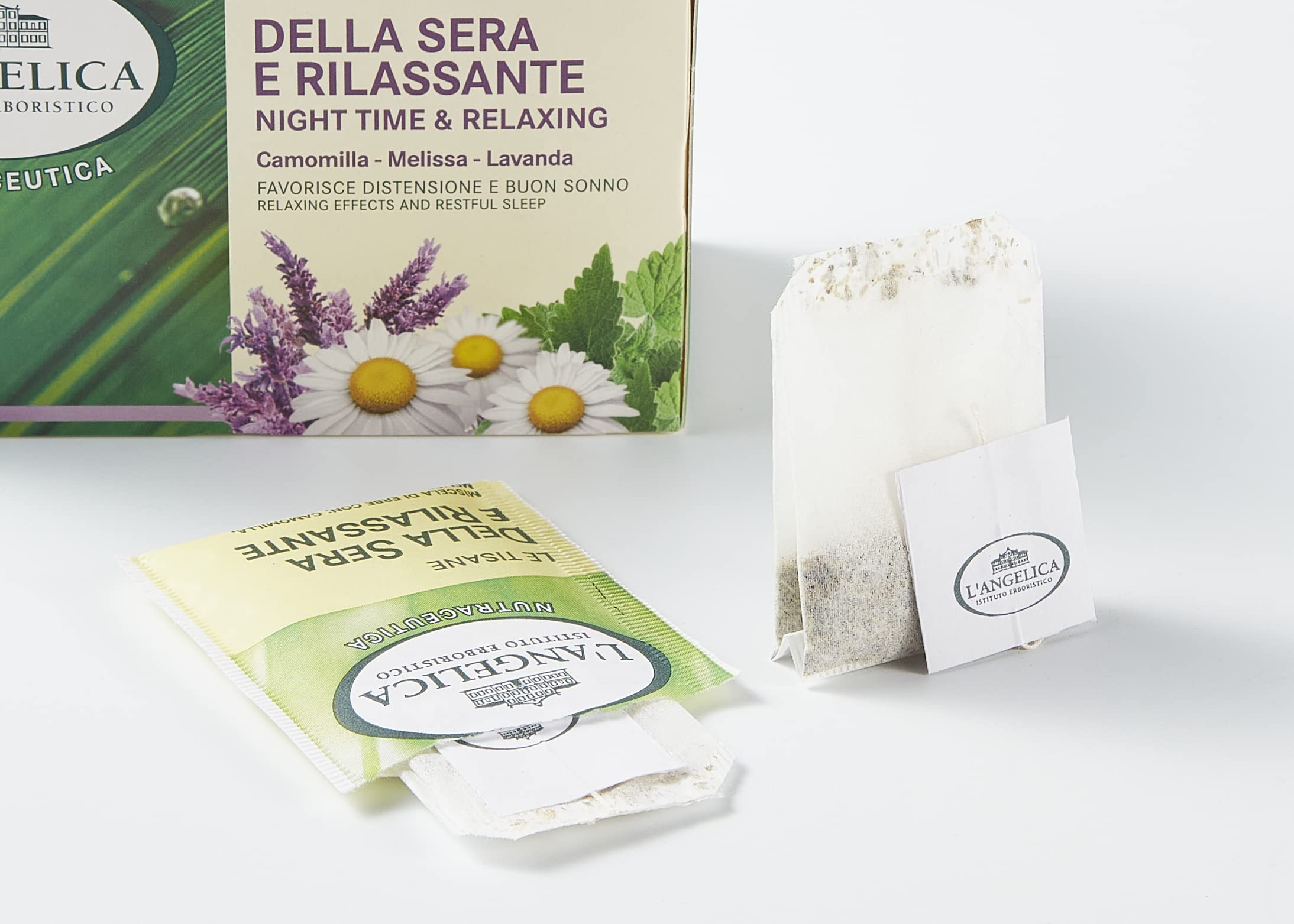 L'Angelica, Tisana Funzionale Calmante e Rilassante per Dormire a Base di Camomilla e Passiflora, Tisane con Effetto Distensivo, Vegan, Confezione da 80 Filtri