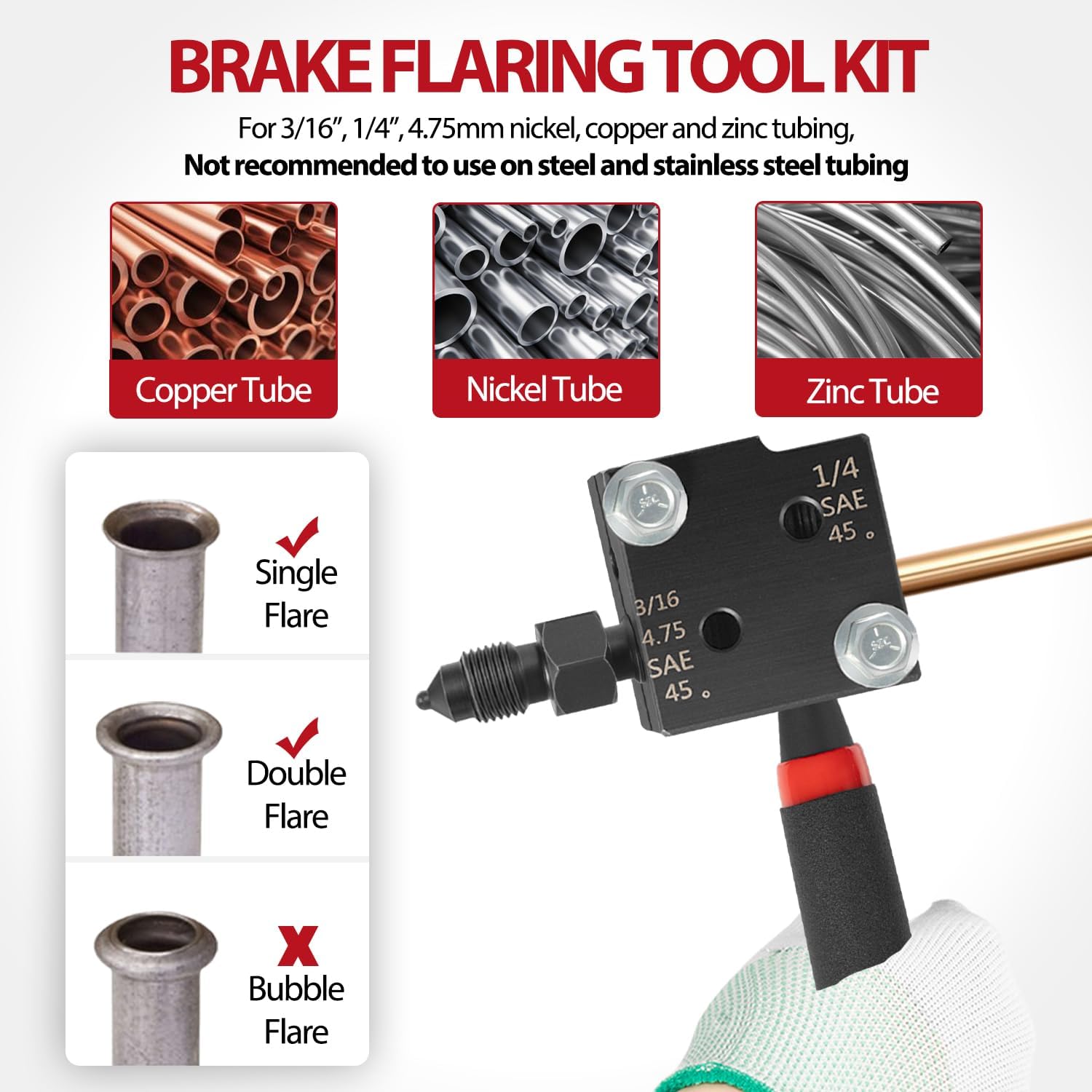 Low Profile Brake Flaring Tool Kit - Single/Double Flaring Tool for 3/16”, 1/4”, 4.75mm Tubing, Replace for 33260