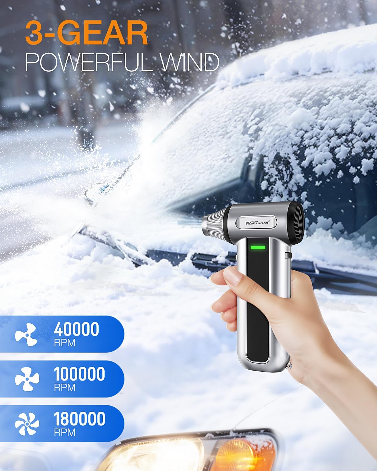 WeGuard W22 Electric Air Duster, 180000 RPM Compressed Air Duster with LED Light, 3-Speed Adjustable/Compressed Air Can Alternative, Dust Blower for Computer, Keyboard, Car, Leaves, Outdoor - Image 3