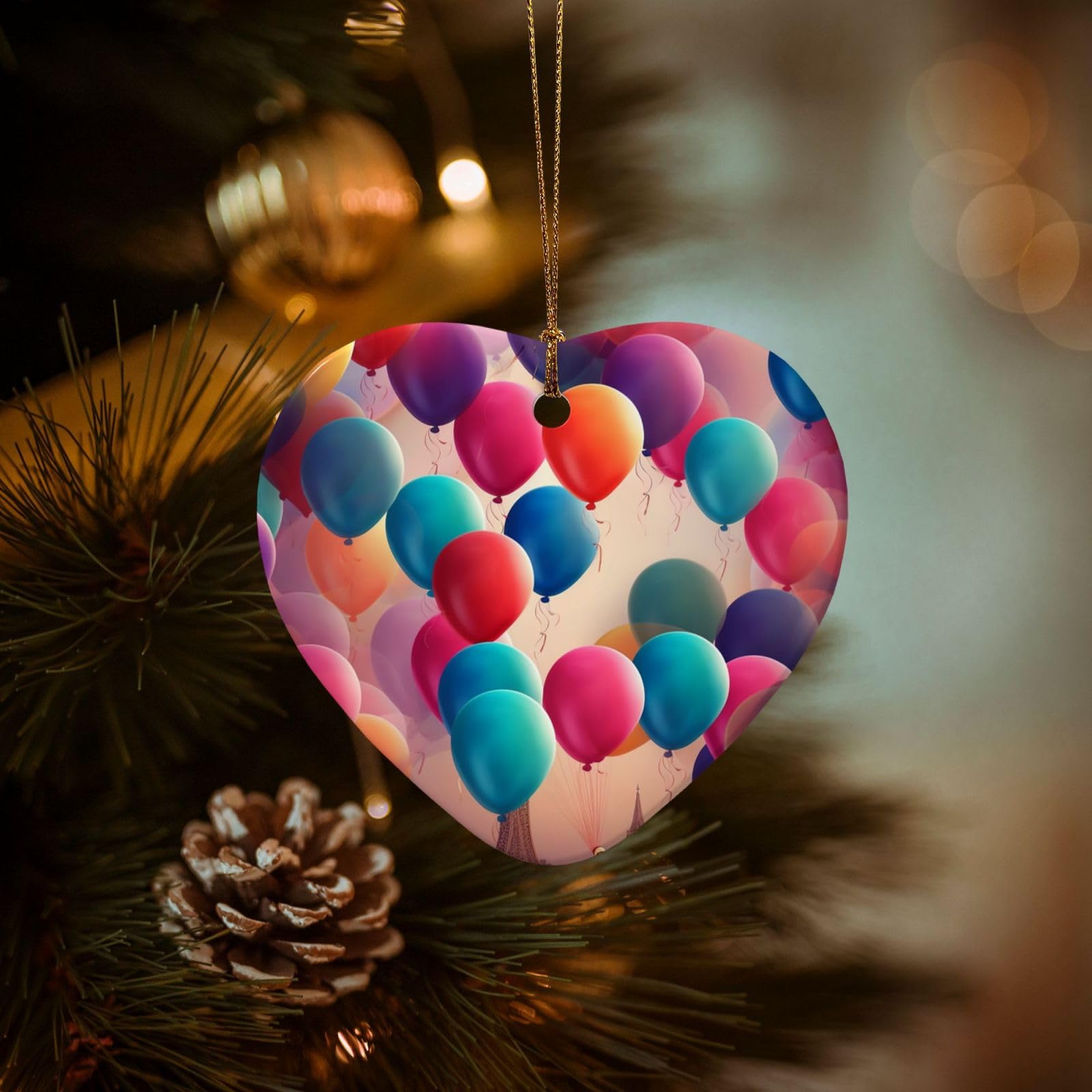 Christmas Ornaments for Christmas Tree Decoration Hanging Balloon Ornament with Gold Ribbon Crafts Heart Shape Ceramic Pendant for Keepsake Gifts Xmas Decor Party Supplies