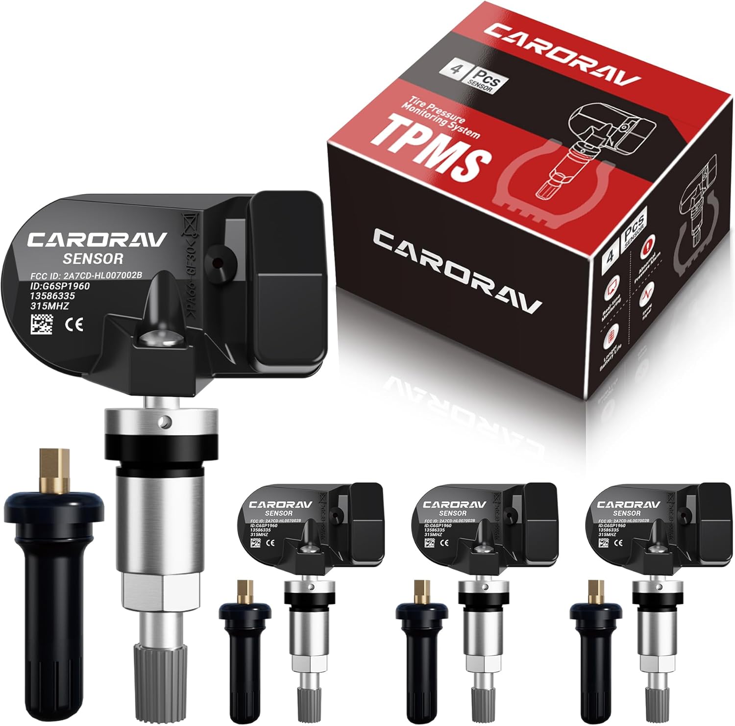 CARORAV 315MHz TPMS Sensors 4-Pack for GM Chevy GMC Cadillac Buick - Replaces 13586335 13581558 13598771 - Pre-Programmed