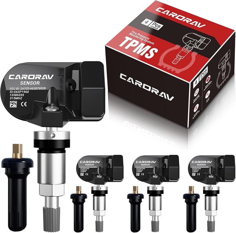 CARORAV TPMS Sensor GM, 4-Pack Tire Pressure Monitoring System Sensor | Replacement for GM Chevy GMC Cadillac Buick, 315MHz OE Replaces for 13586335 13581558 13598771 13598772