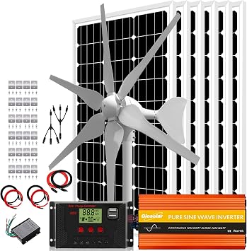 1000W 24V Wind Solar Kit for RV Boat Cabin Home 6 * 100W Glass Solar Panels + 400W Wind Turbine Generator + Solar/Wind Charge Controller +1KW Inverter +Accessories