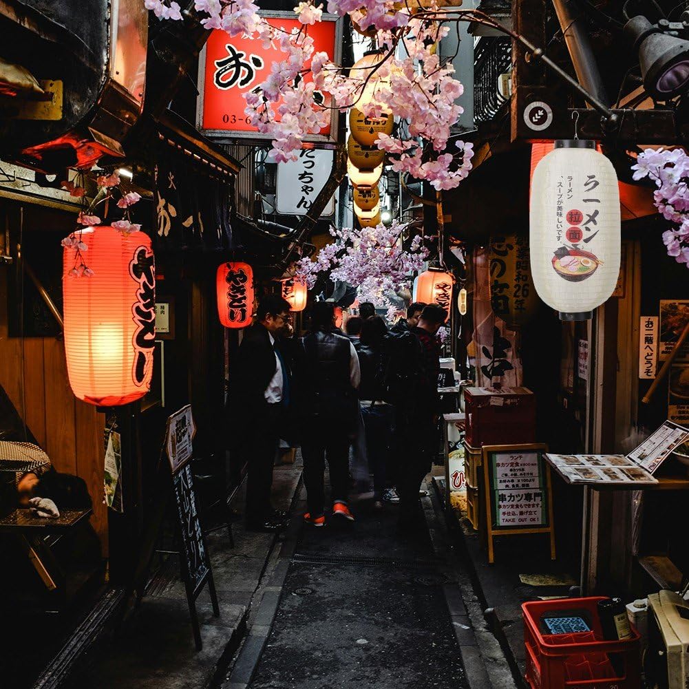 2 Lanternes Japonaises En Soie Suspendues - Décor Style Ramen Bar, Couleur Jaune Cerise - 10