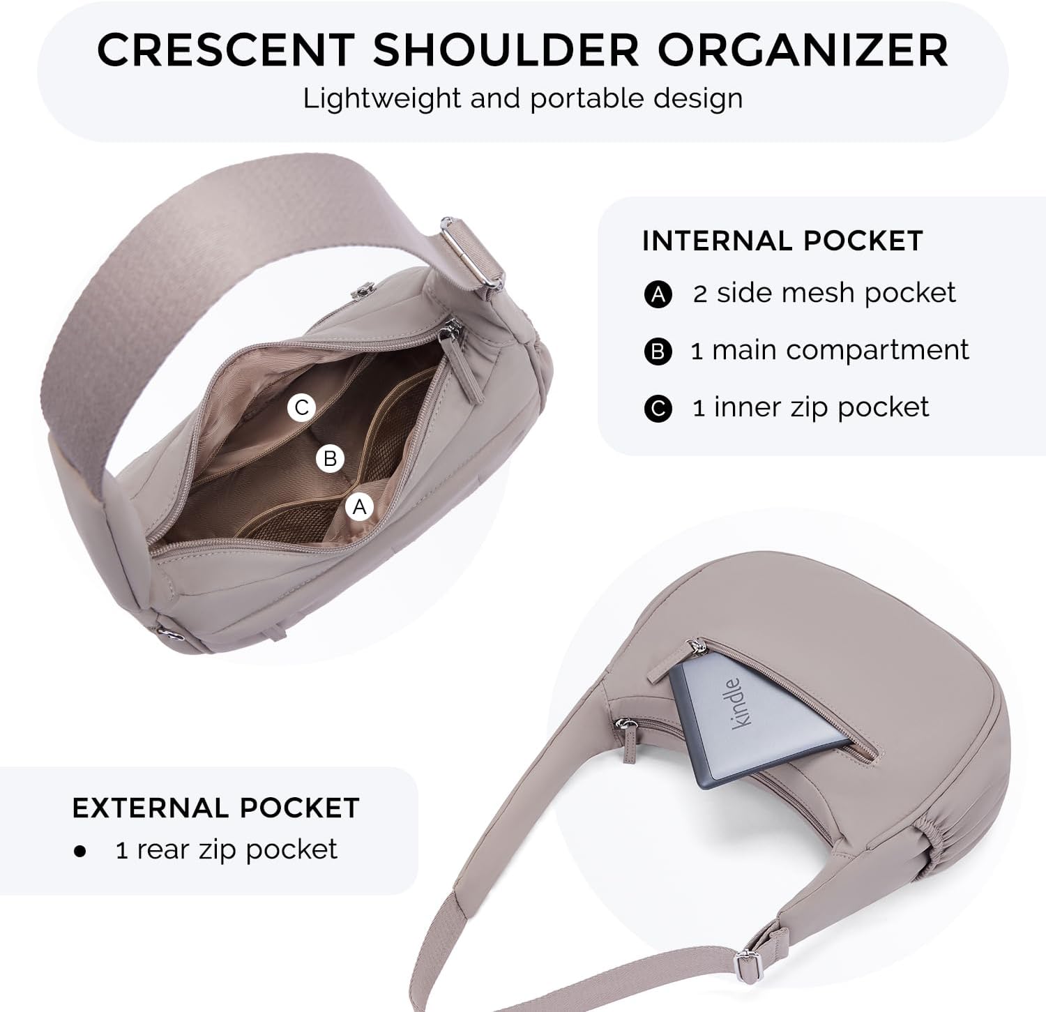 POIUGOYA Nylon Shoulder Bag For Women,Small Quilted Crescent Bag,Triple Zip Pocket Small Puffer Bag For Travel/Fitness - Image 5